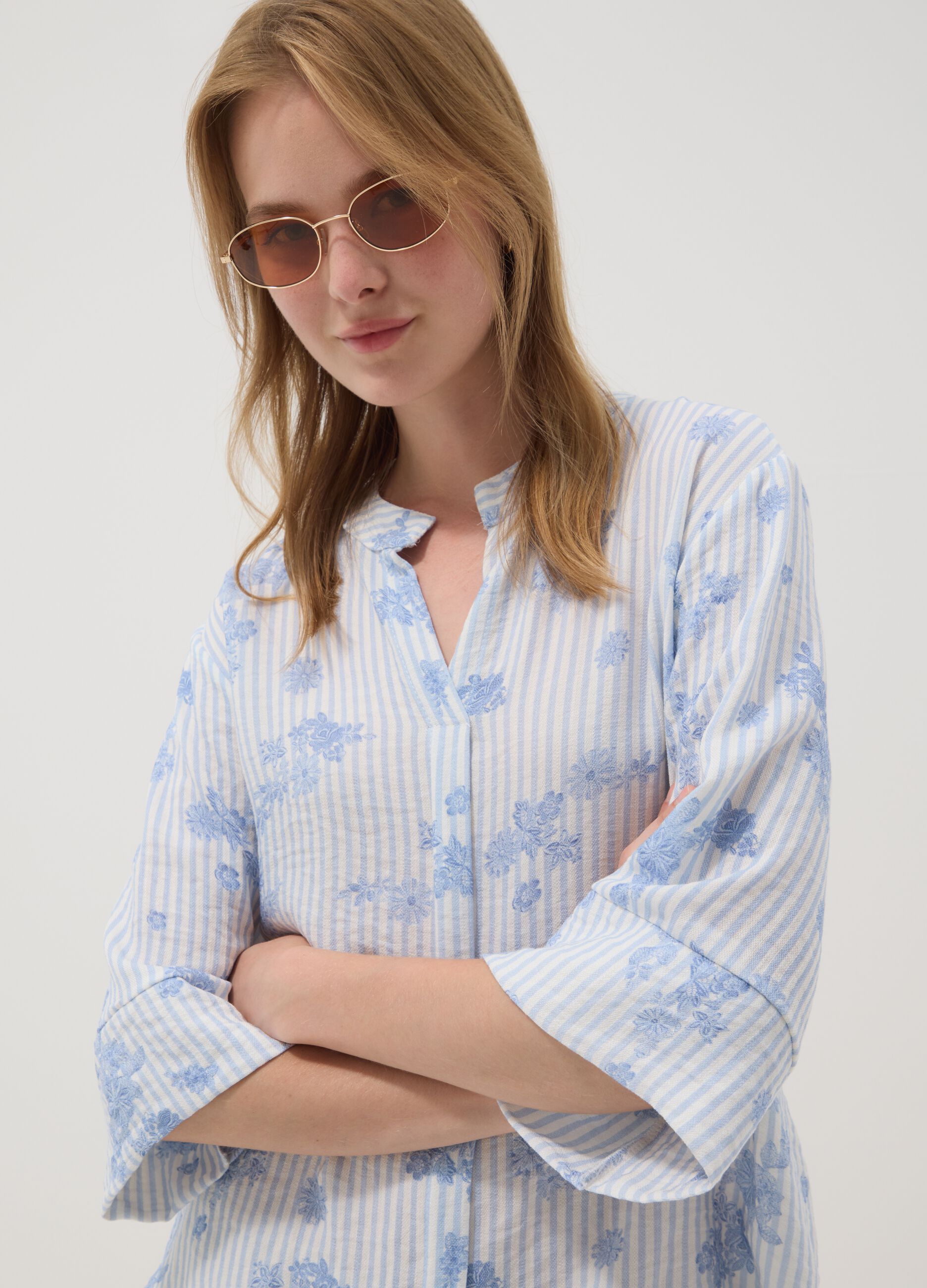 Light Blue Viscose-Blend Blouse with Stripes and Floral Print