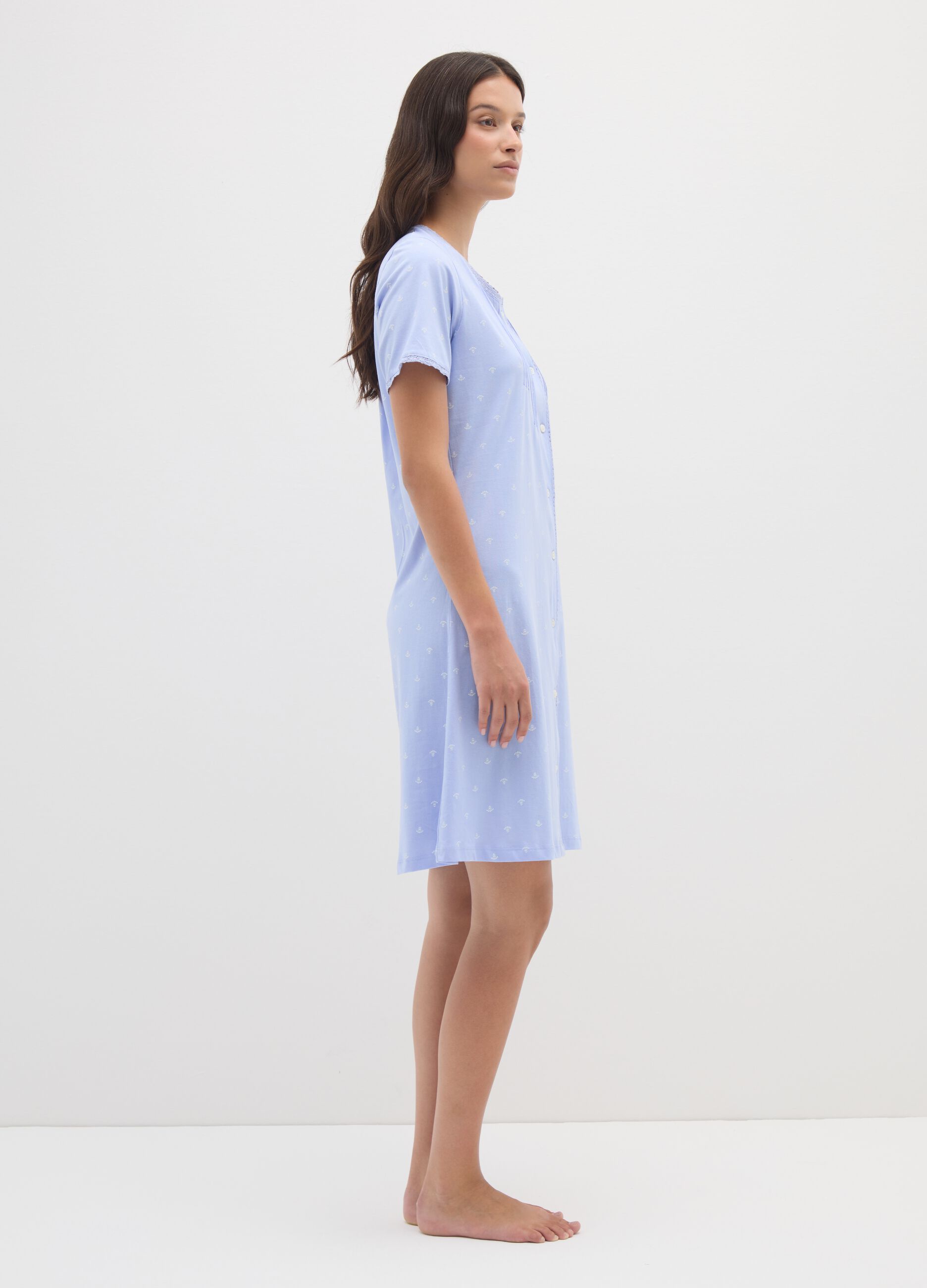 Camicia da notte in puro cotone azzurro con micro fantasia 