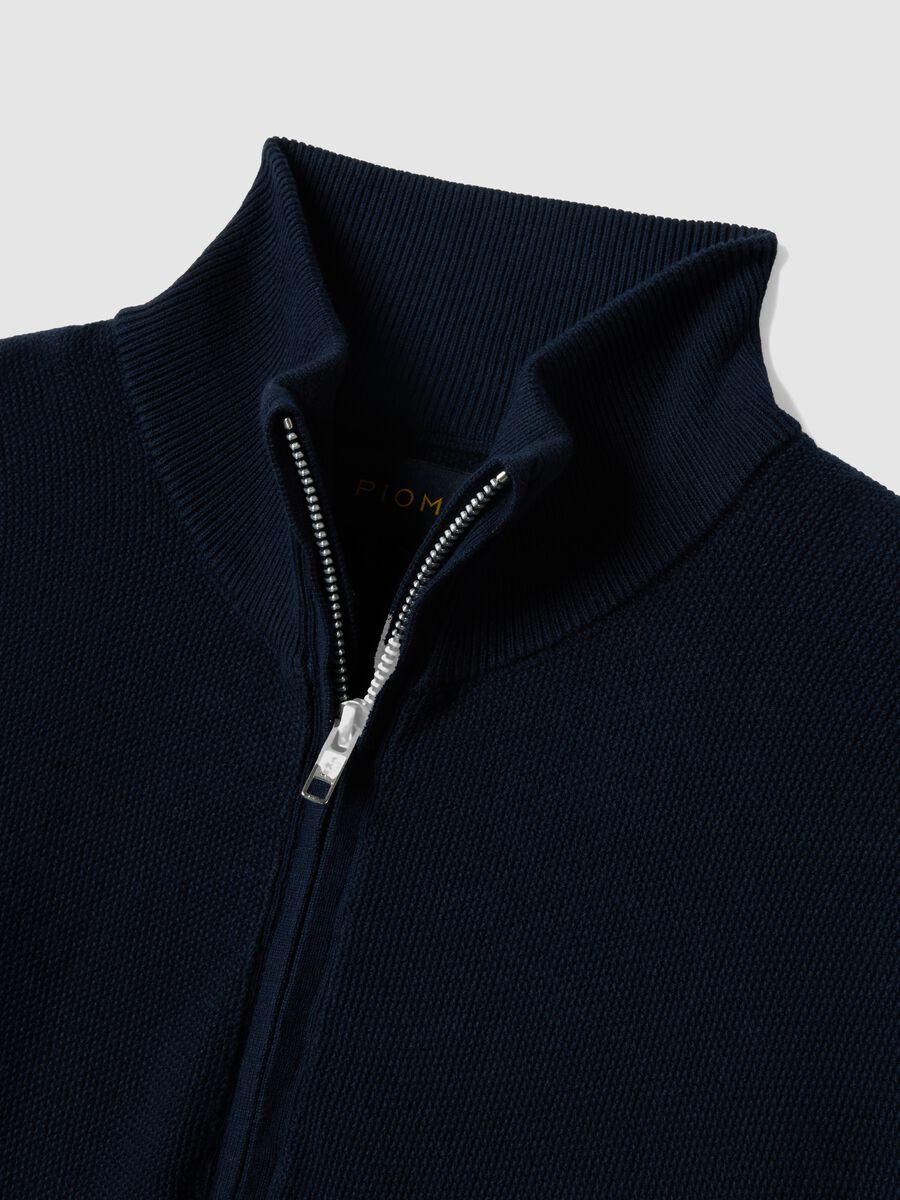 Pure cotton blue regular fit sweater with high neck and zip_5
