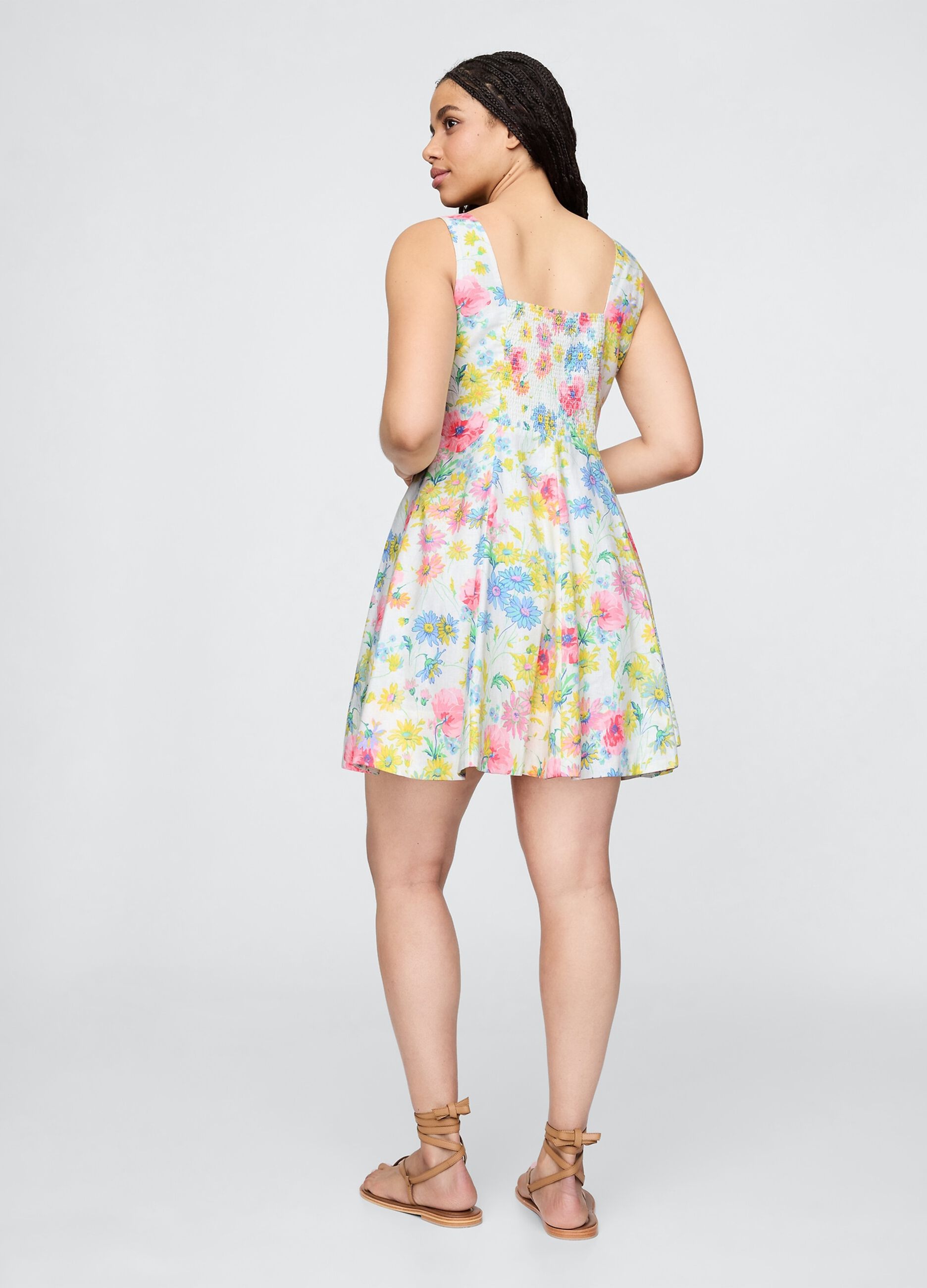 Vestito corto a fiori multicolor in lino e viscosa