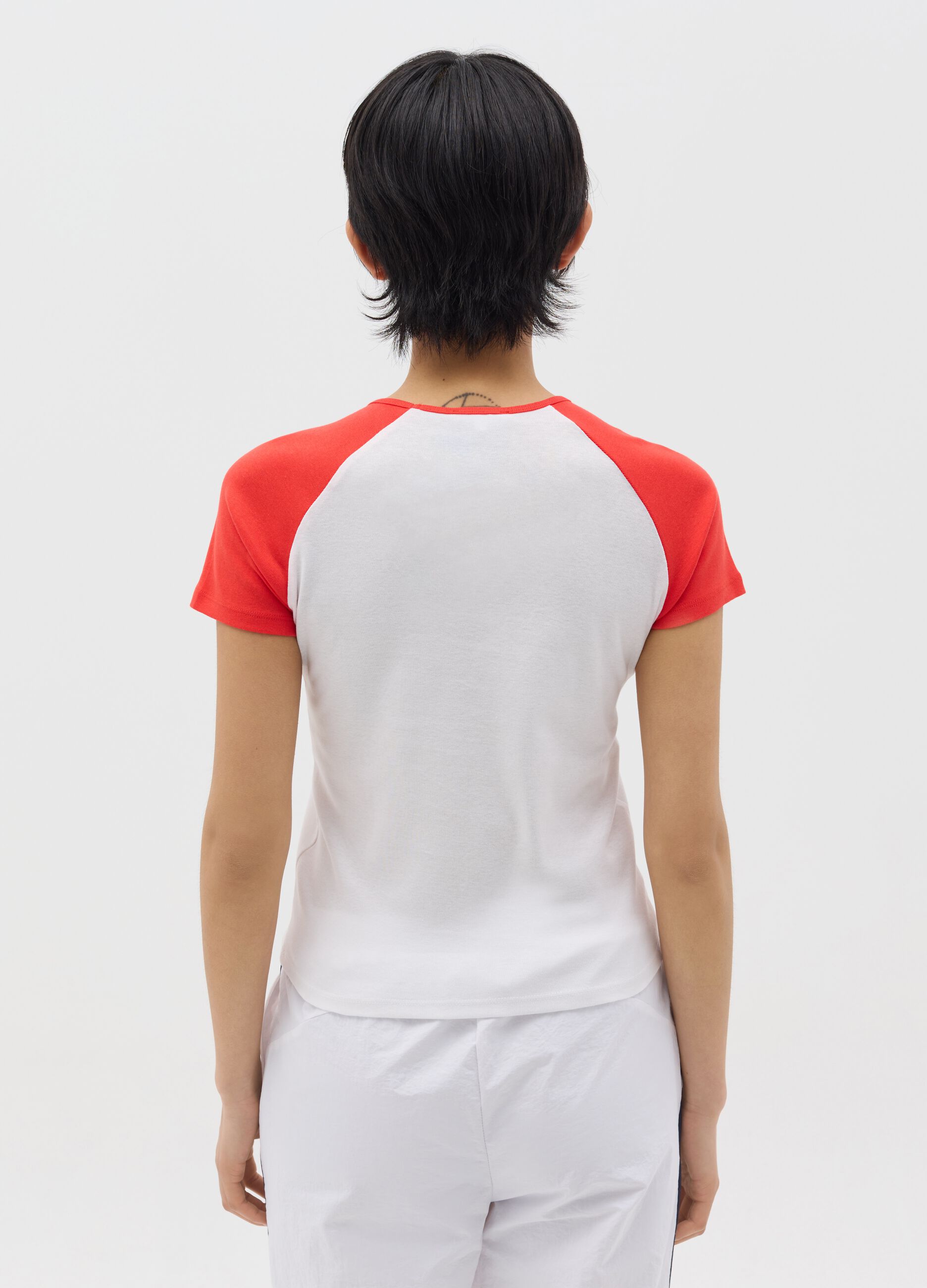 White T-shirt with red raglan sleeves