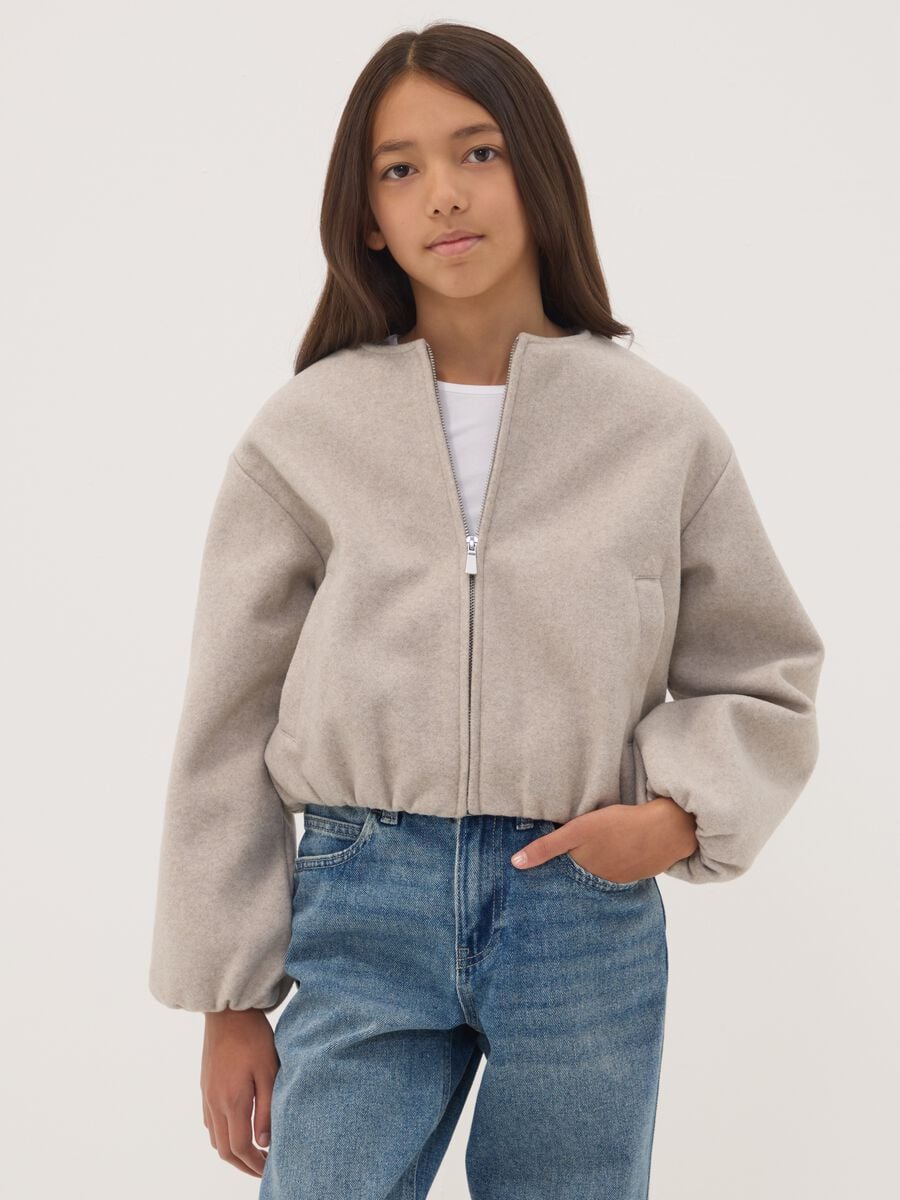 Bomber beige corto con zip per ragazza_1