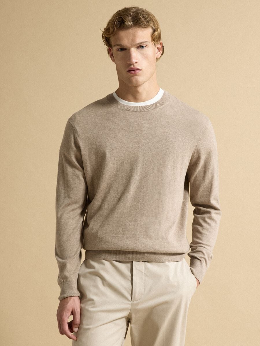Maglia beige girocollo in misto cotone e cashmere regular fit_1