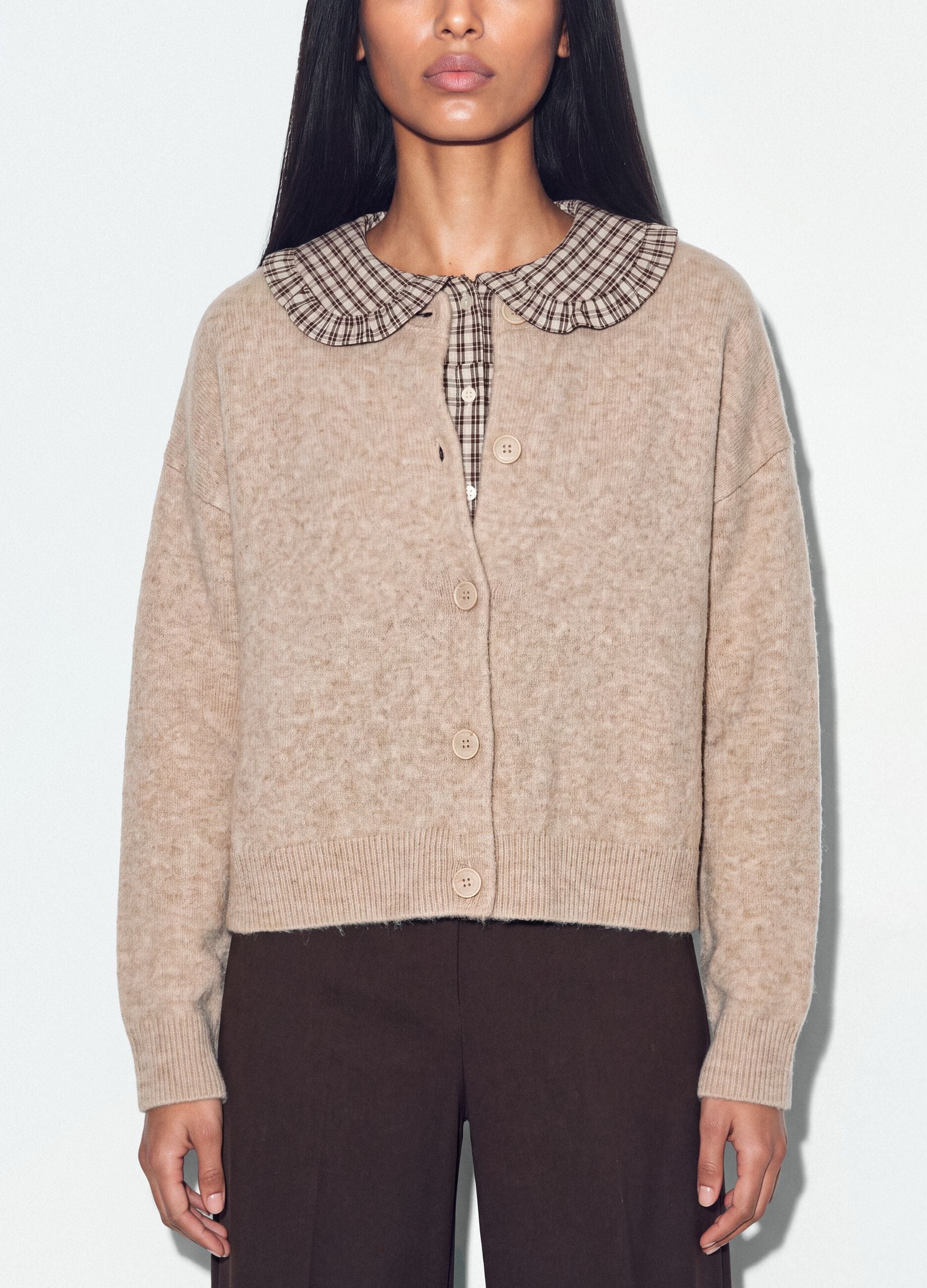 Beige stretch-fabric crew-neck cardigan with oversized fit