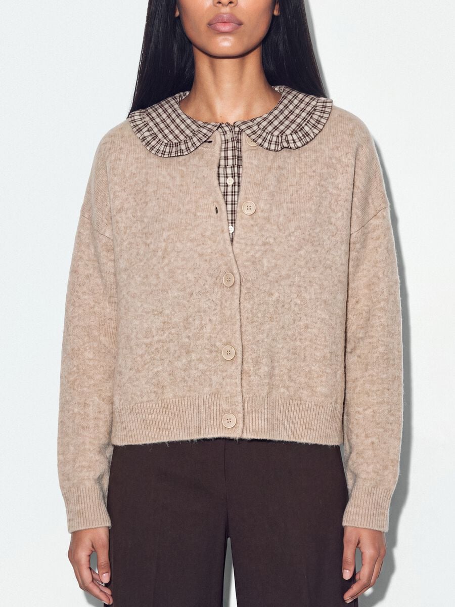 Beige stretch-fabric crew-neck cardigan with oversized fit_2