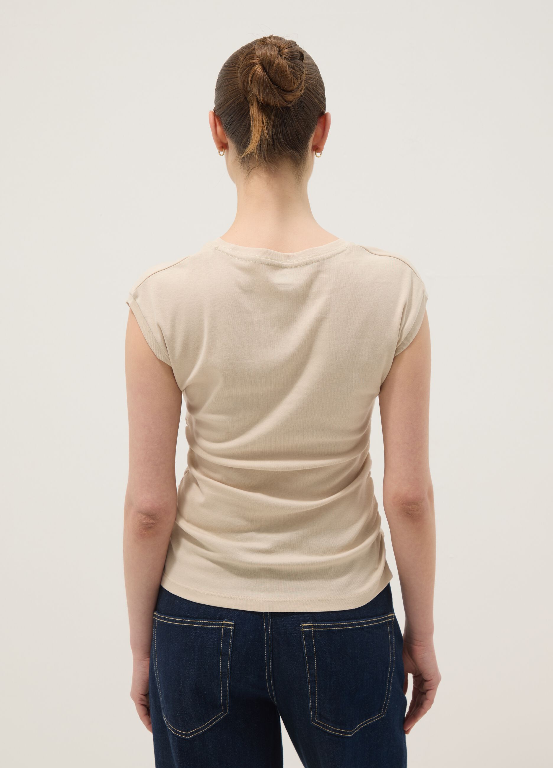 Beige pure cotton tank top with side ruching, regular fit