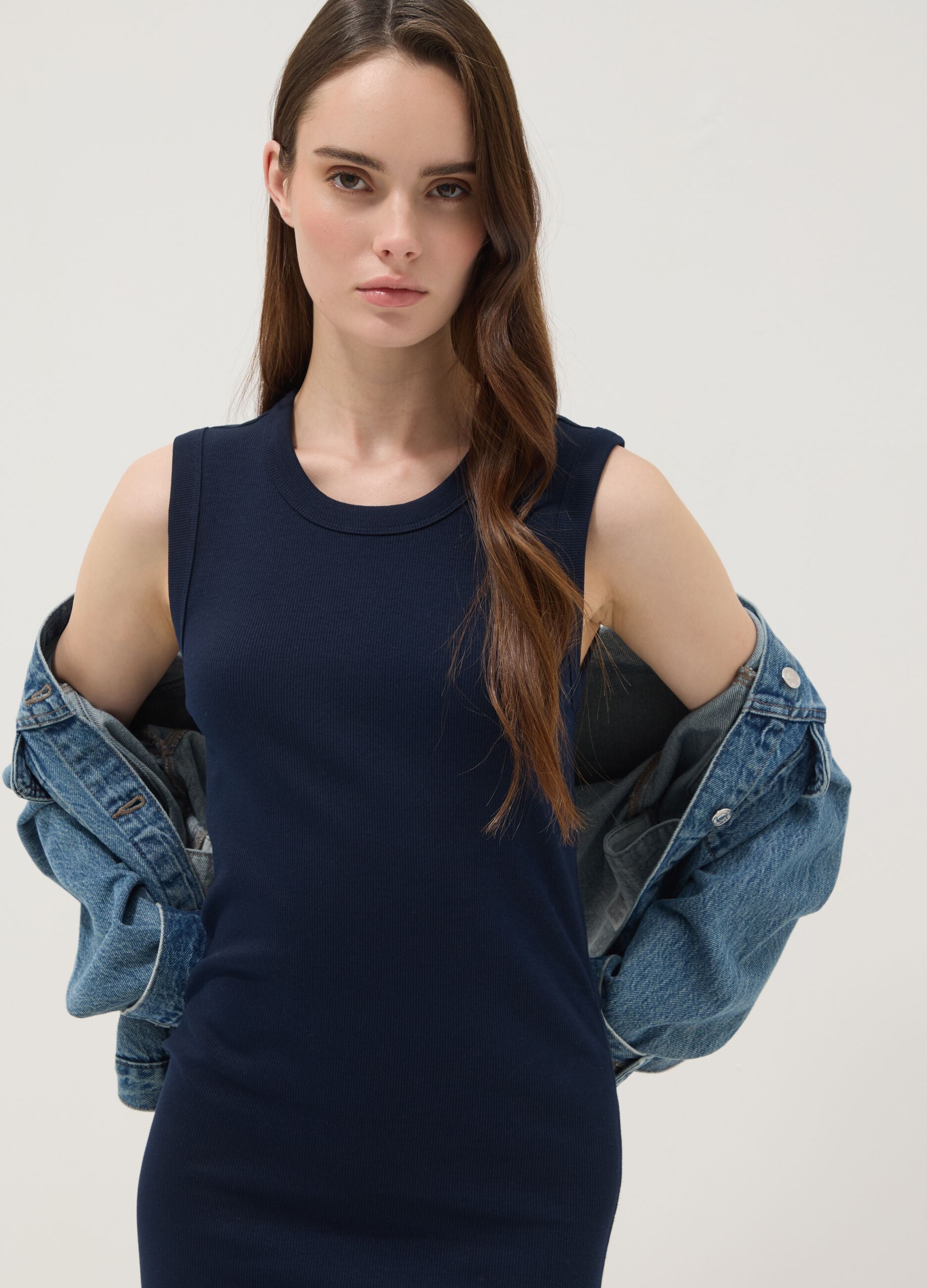 Blue ribbed stretch cotton midi dress