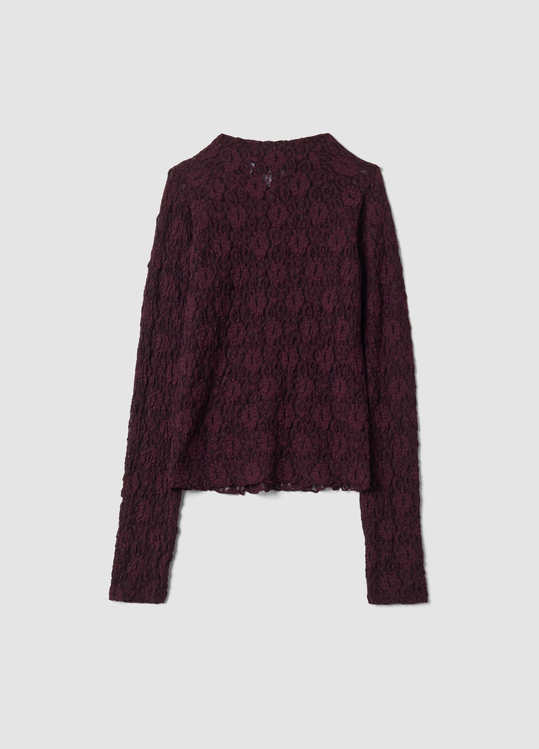 Purple perforated stretch top with stand-up collar