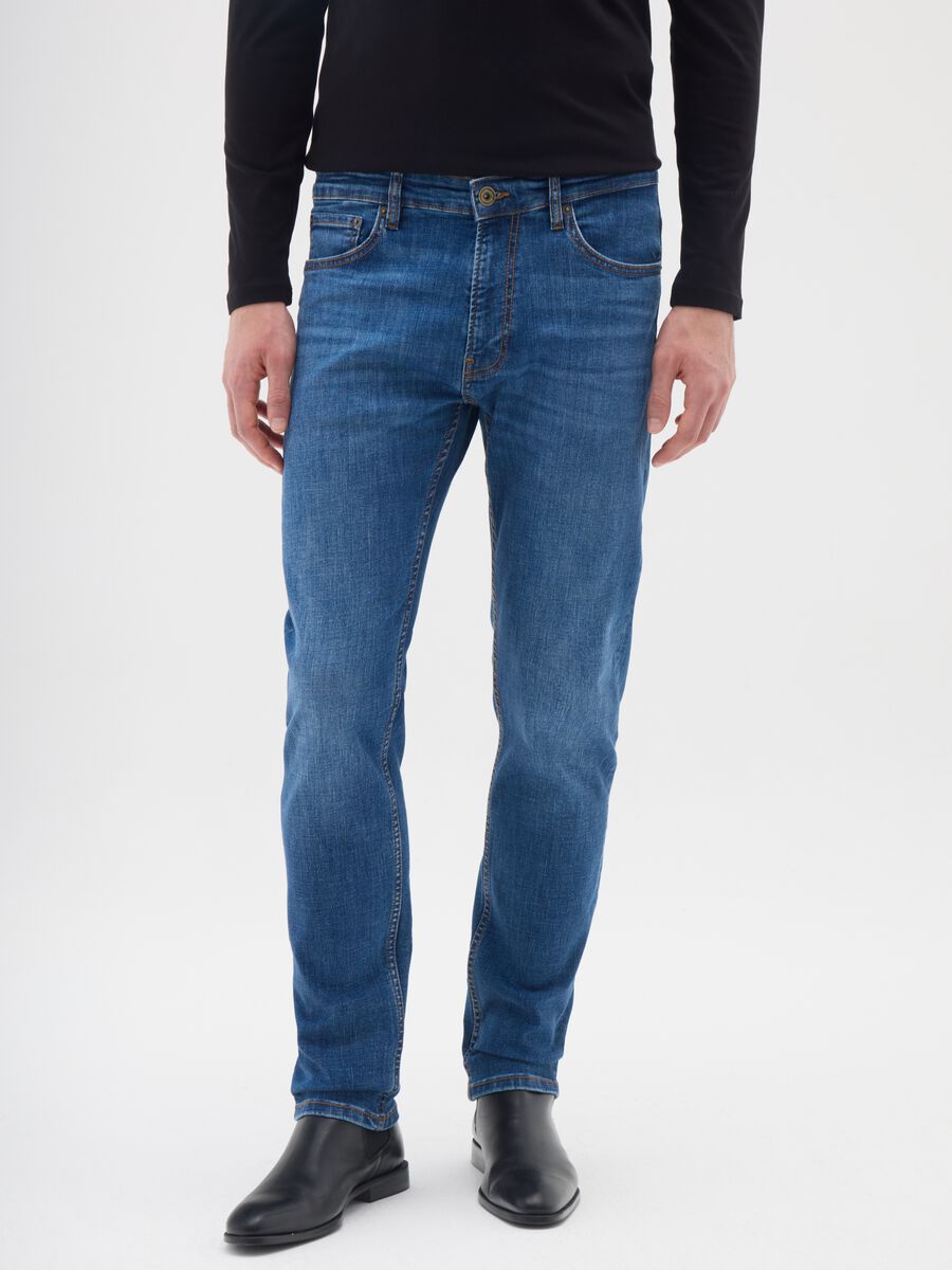 Blue denim stretch cotton slim fit jeans_1