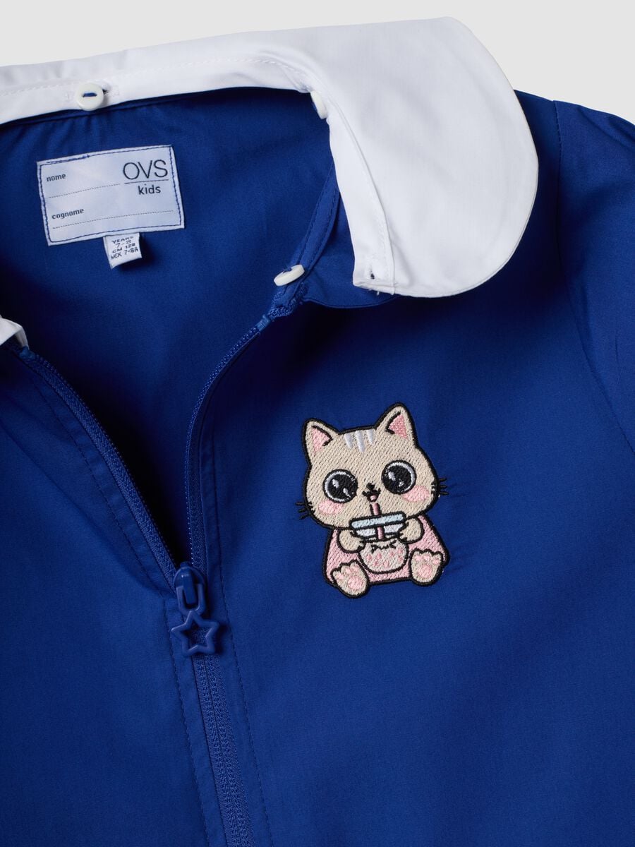 Blue girls&rsquo; school smock with kitten embroidery and classic collar_2