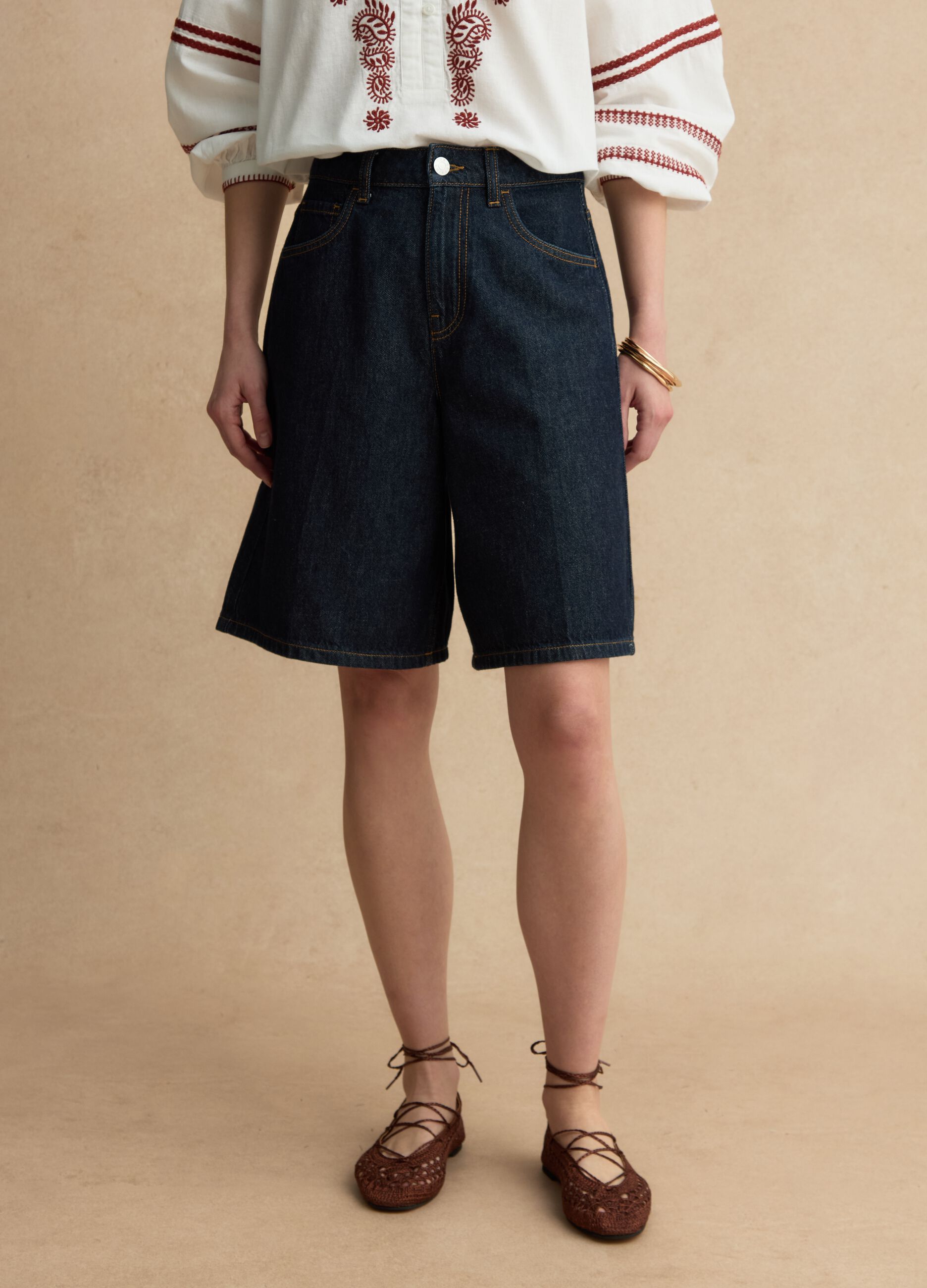 Wide leg blue denim pure cotton shorts