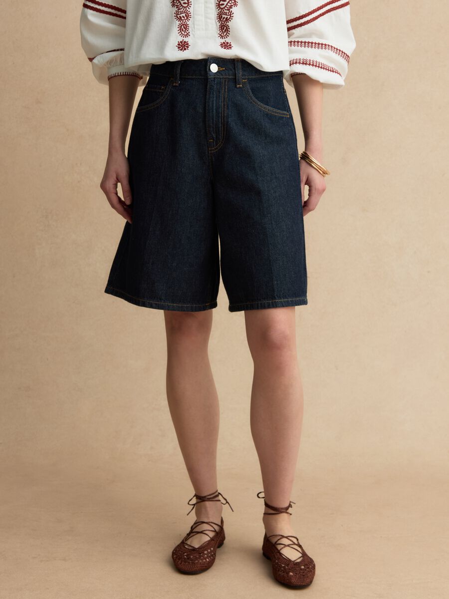 Shorts in puro cotone denim blu wide leg_1