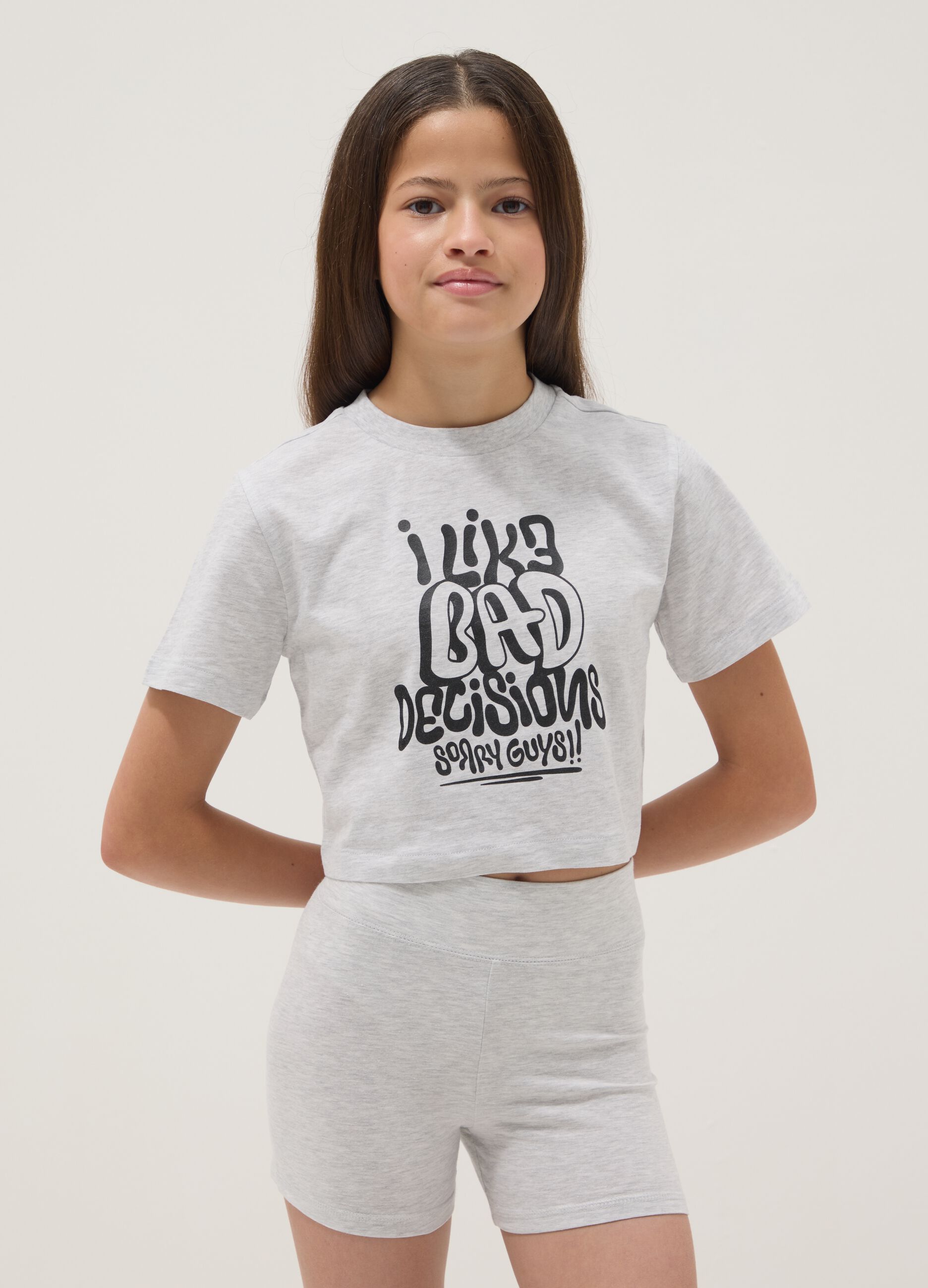 Grey cotton-blend set with T-shirt and shorts