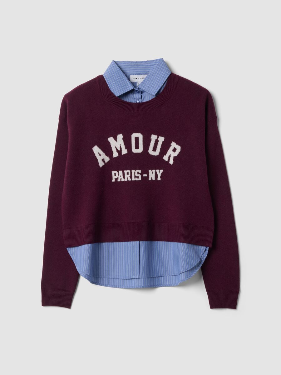 Maglia viola in misto viscosa e lana con scollo a V e inserto camicia_4
