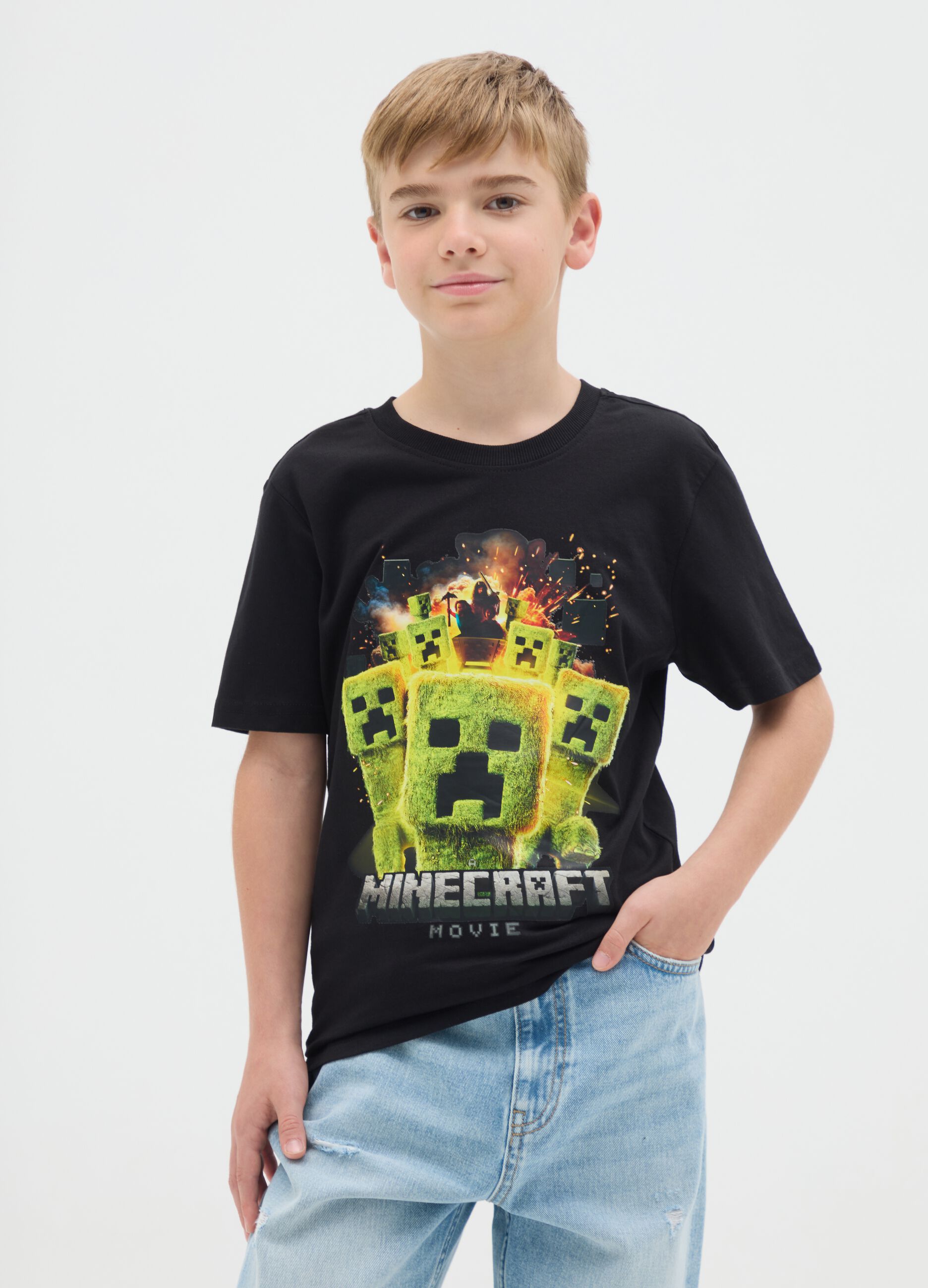 T-shirt da ragazzo in puro cotone nero regular fit stampa Minecraft