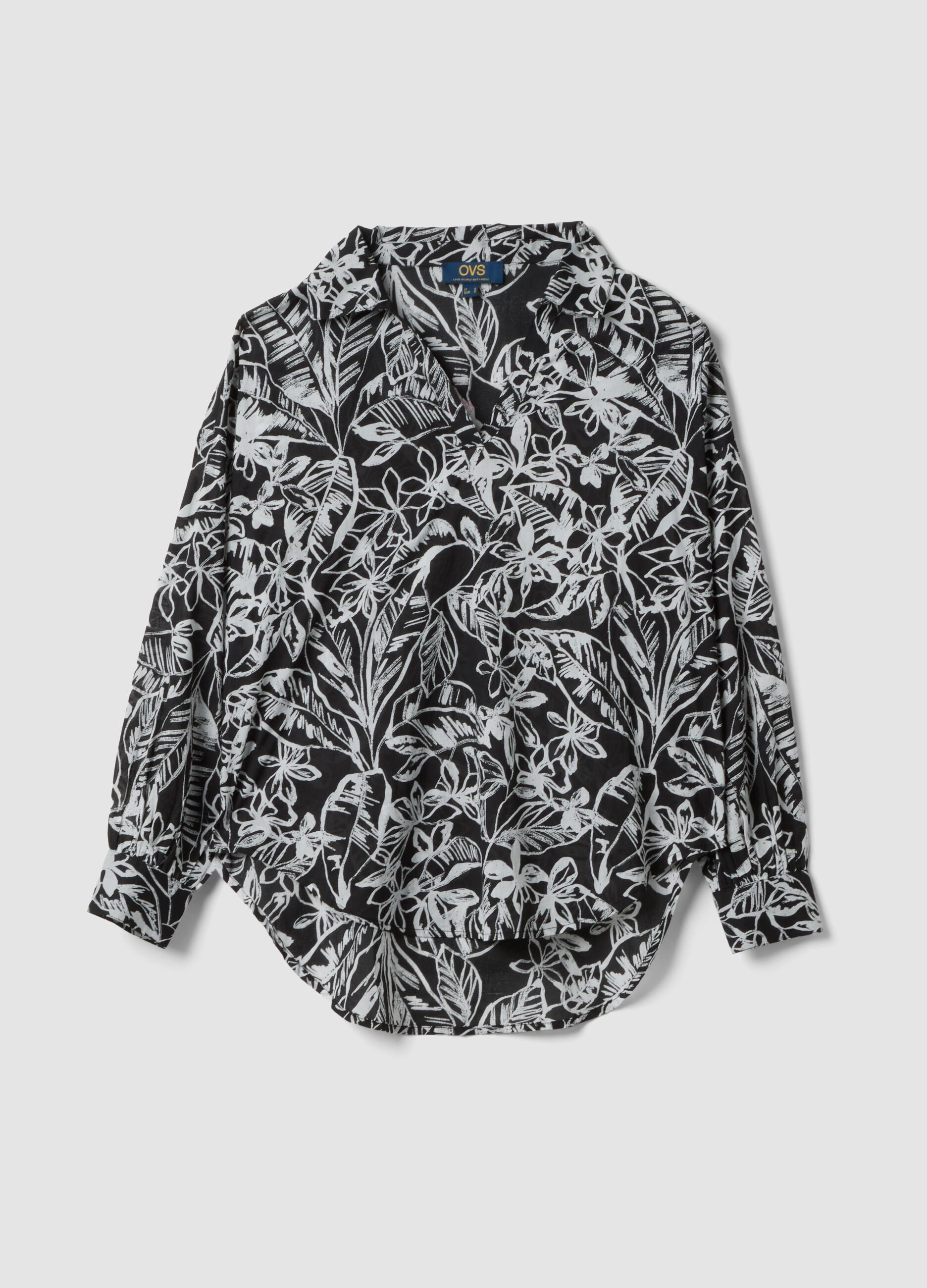 Pure cotton multicolour floral print V-neck shirt