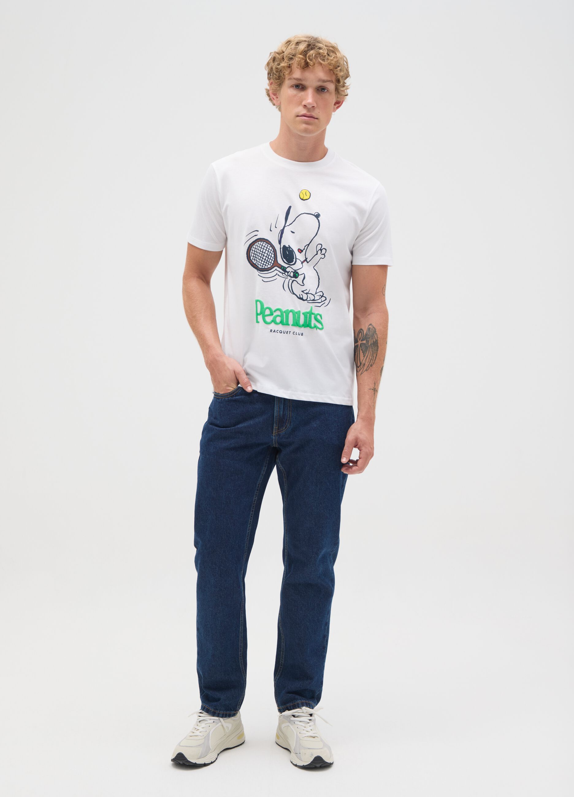 T-shirt da uomo in puro cotone bianca regular fit con stampa Snoopy