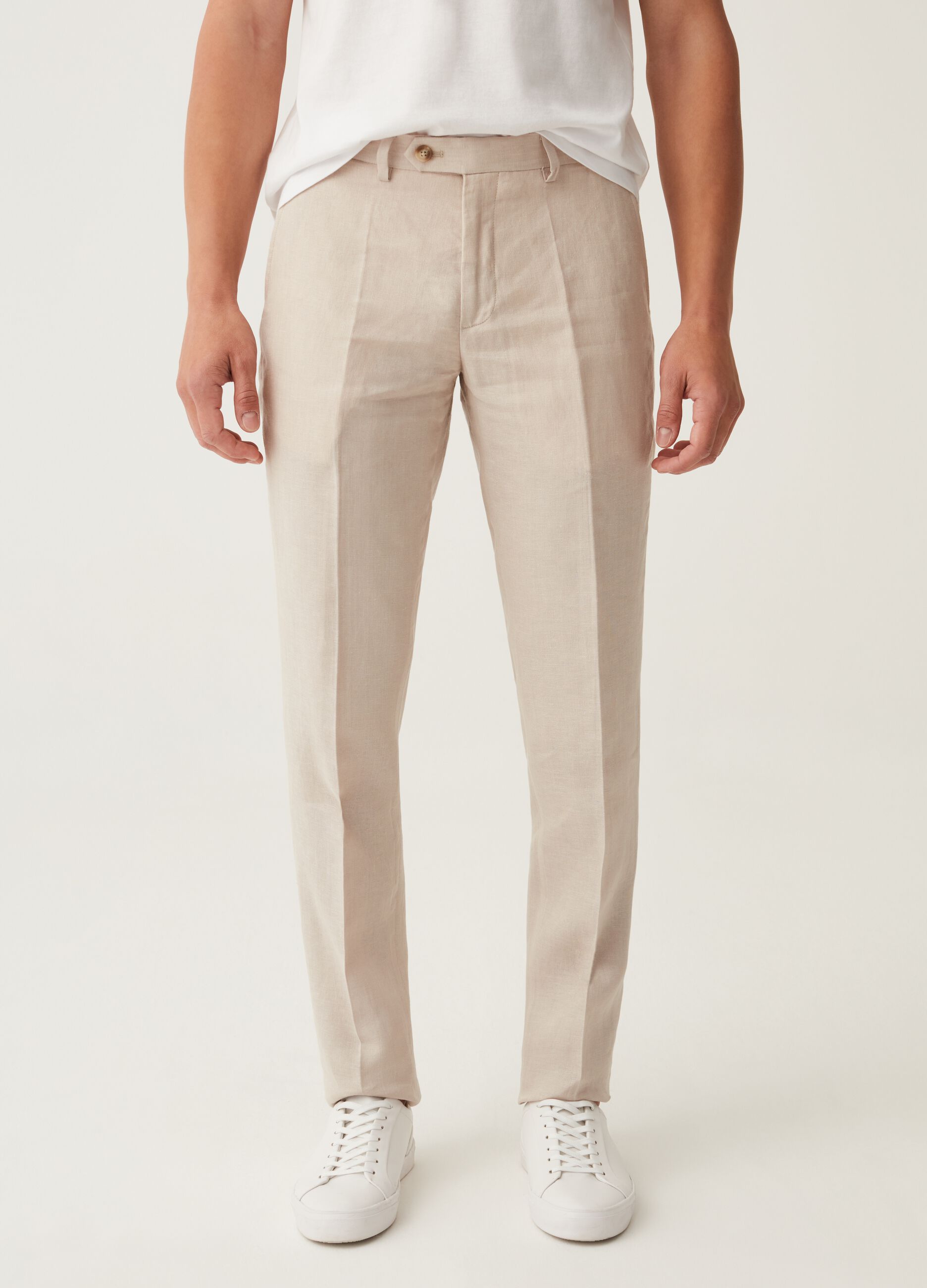 Pantalone slim fit in lino beige chiaro