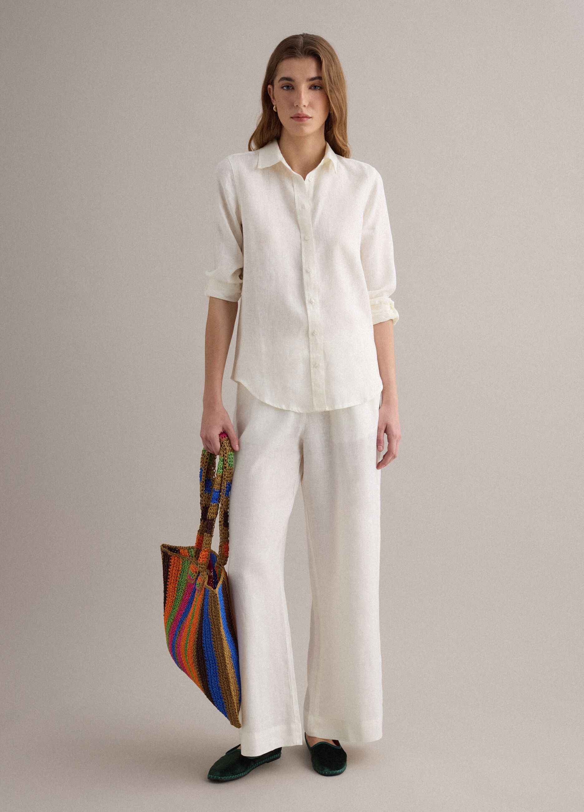 White pure linen straight-fit drawstring trousers
