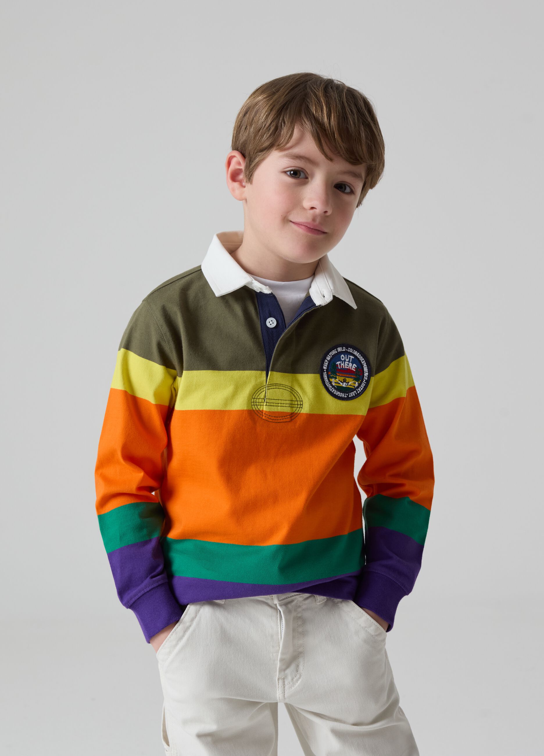 Multicoloured striped polo shirt with patch