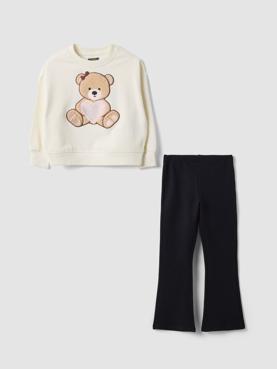 Pure cotton crew-neck set with teddy bear print for girls_0