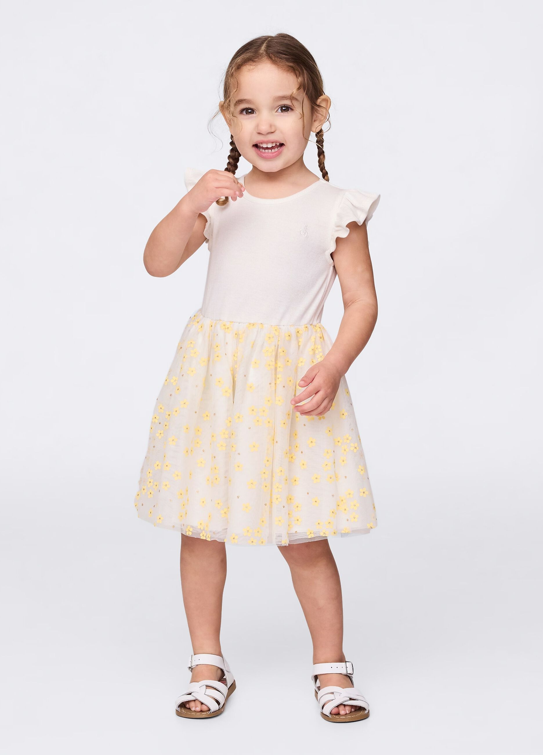 White dress with floral tulle skirt