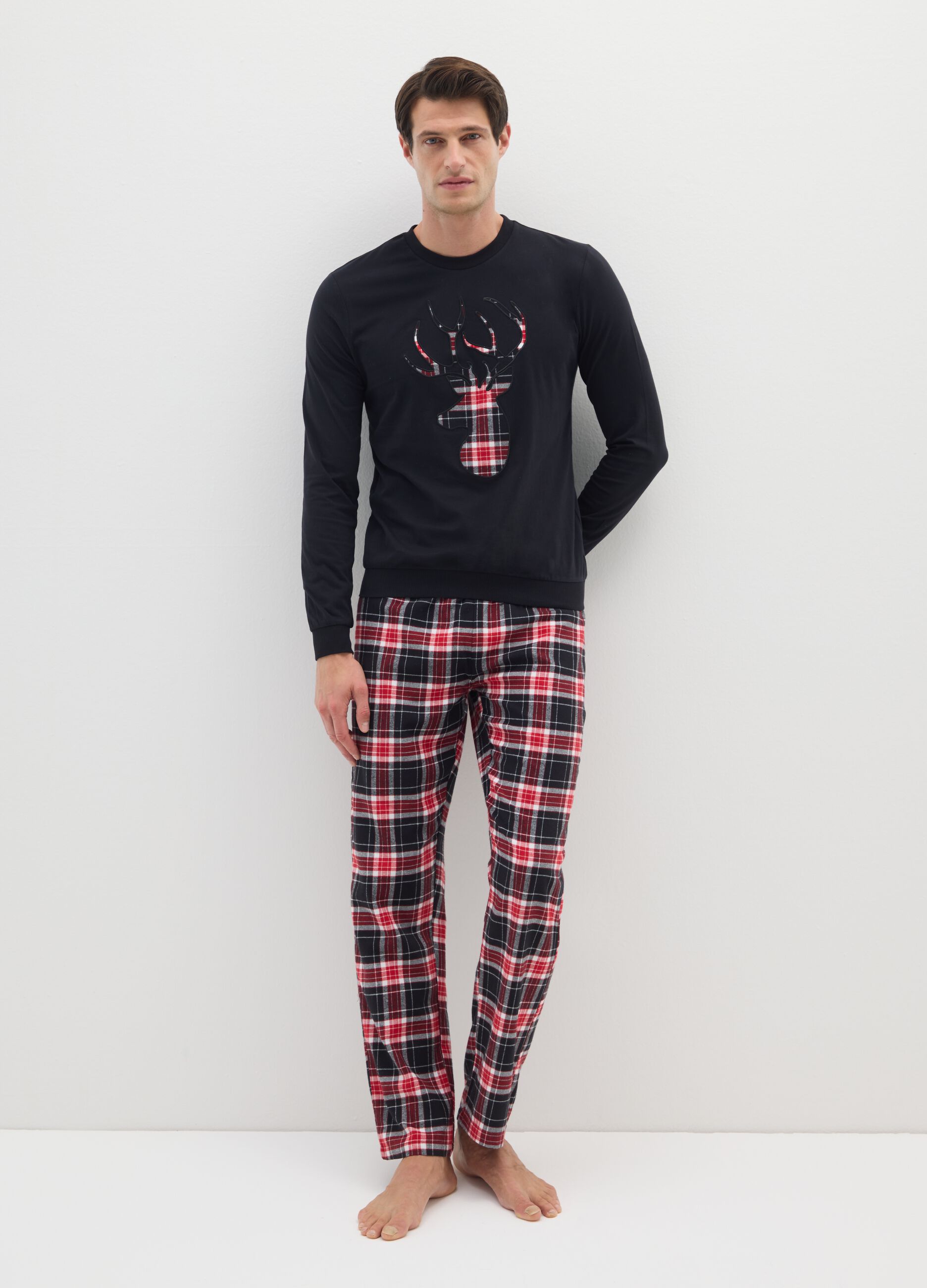 Multi-coloured check long pyjamas in pure cotton regular fit