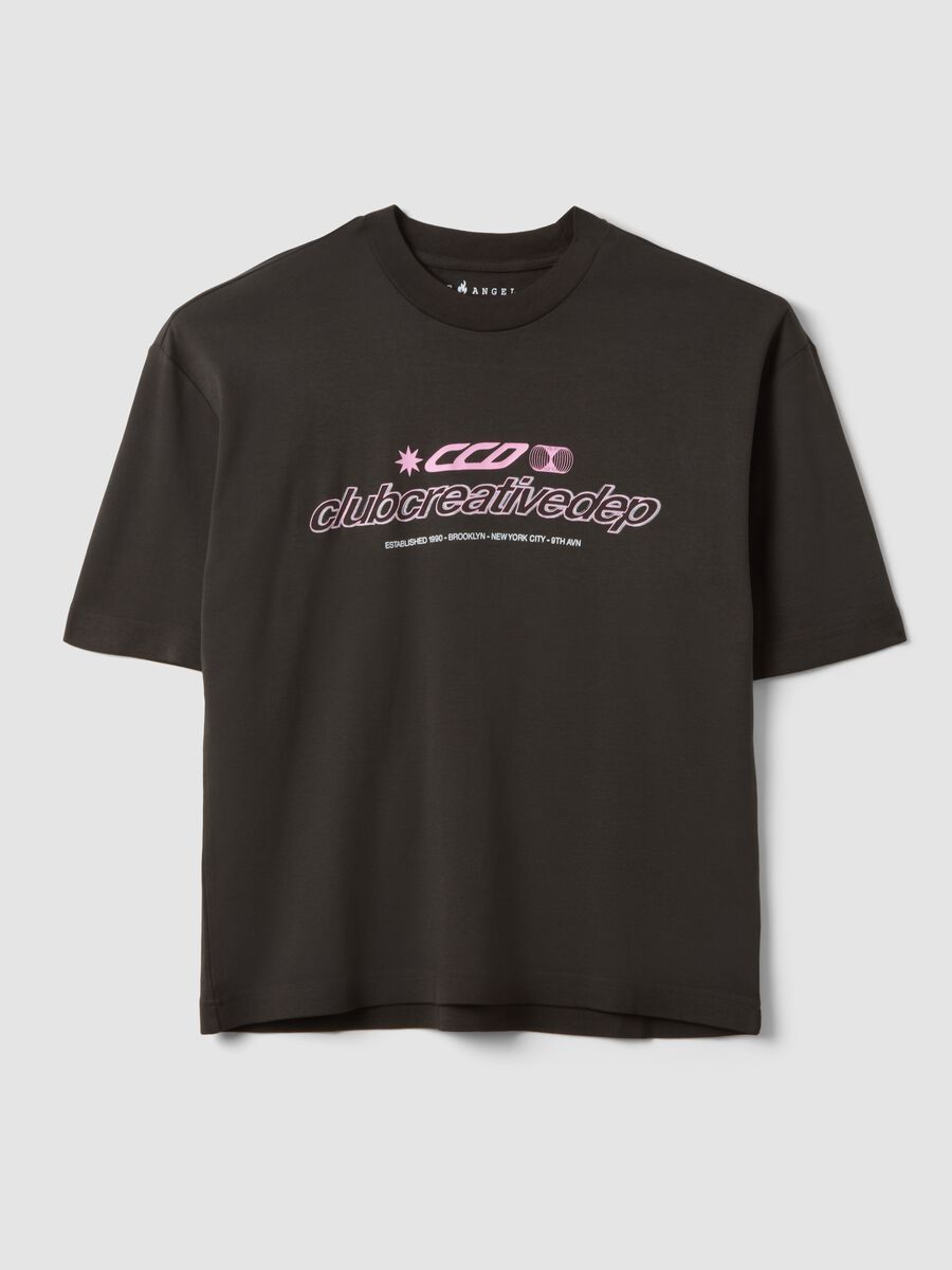 Brown cropped pure cotton T-shirt with front print, boxy fit_0