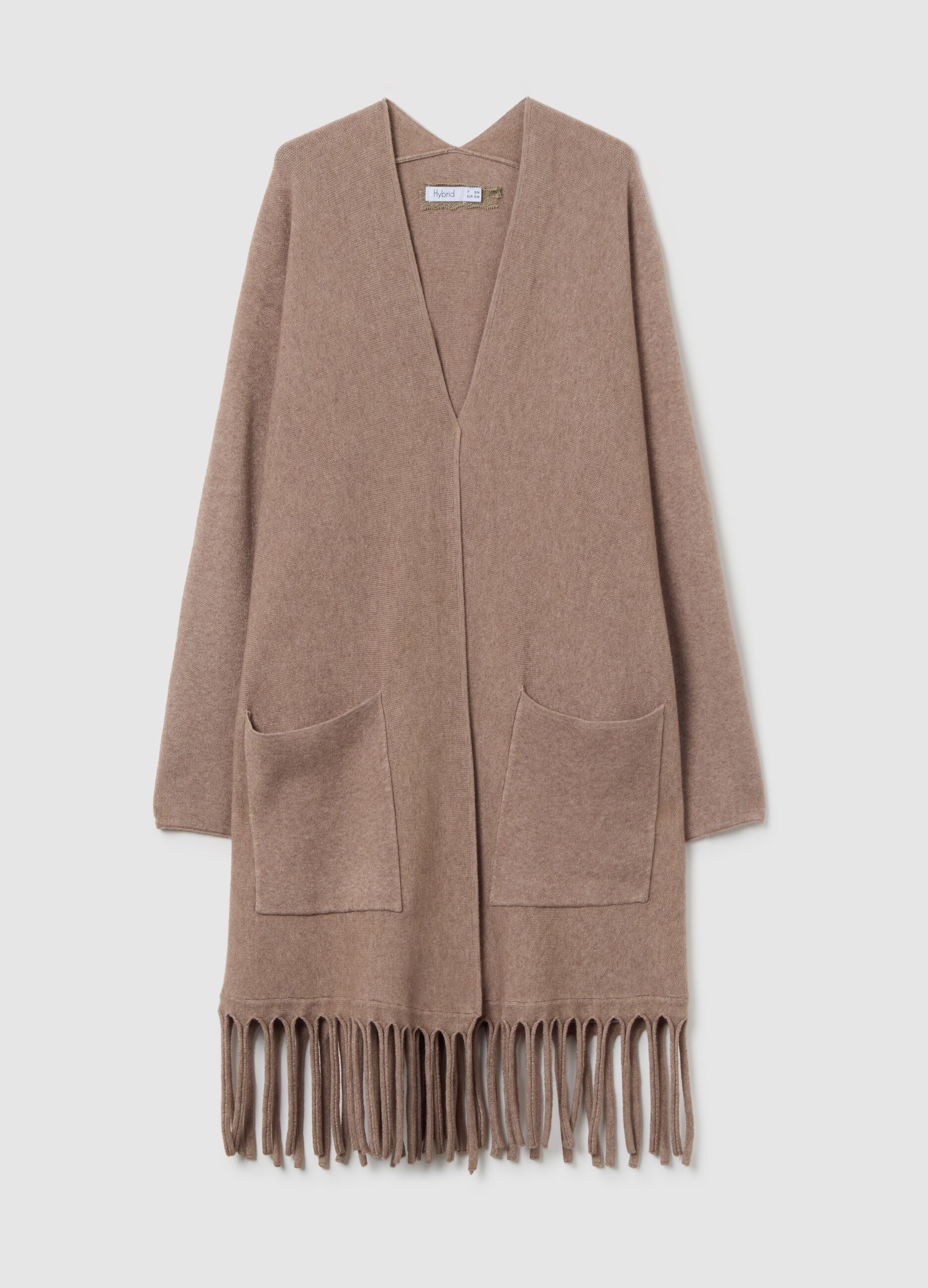 Cardigan lungo beige con frange sul fondo