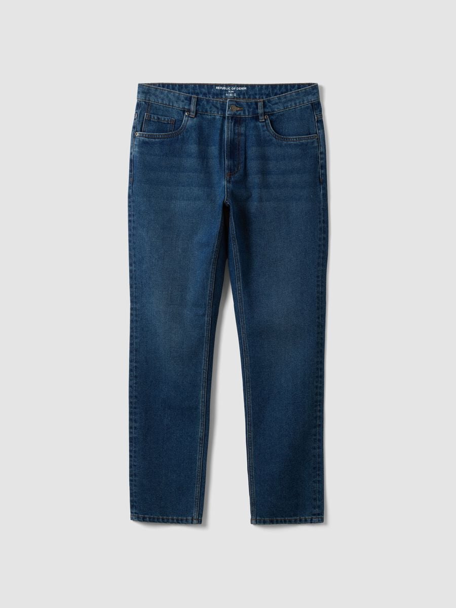 Jeans blu denim in misto cotone e viscosa slim fit_0