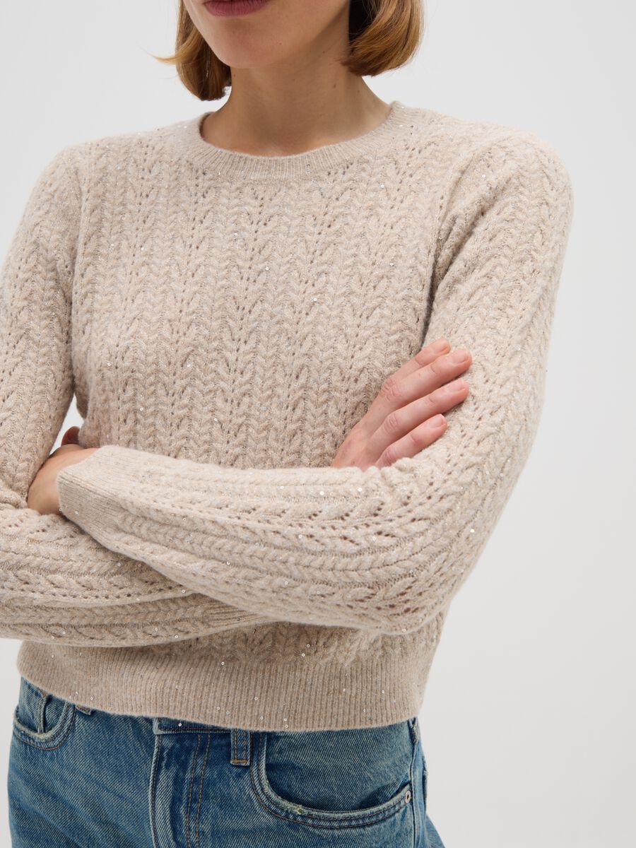 Maglione beige regular fit con paillettes_3