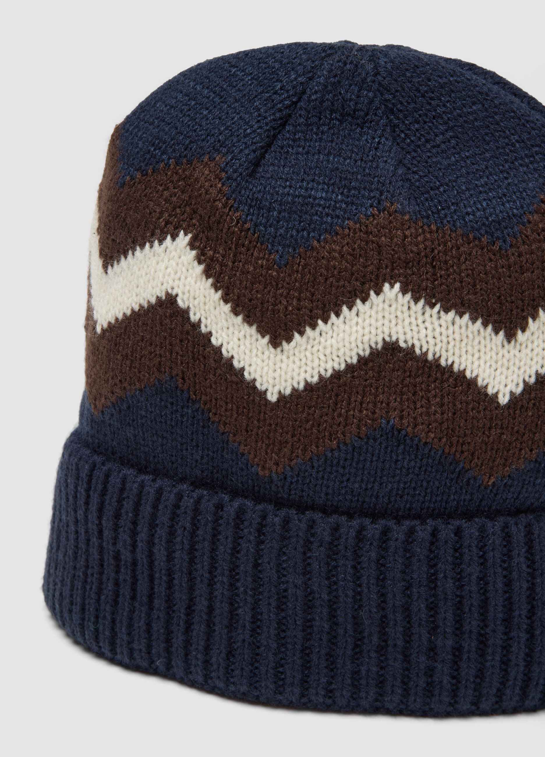 Blue and Brown Knitted Beanie with Pattern