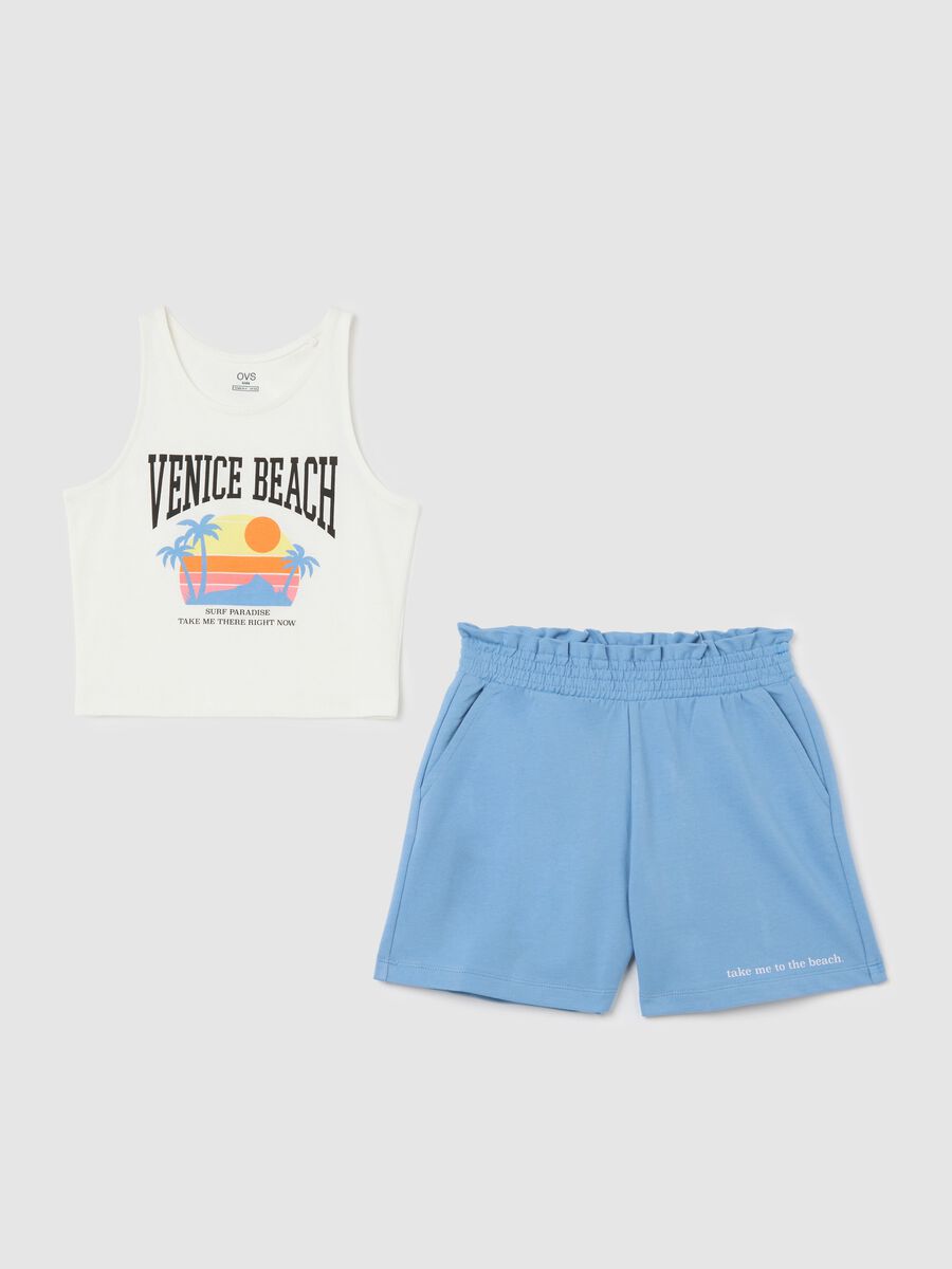 Completo jogging bianco e azzurro in cotone con stampa _0
