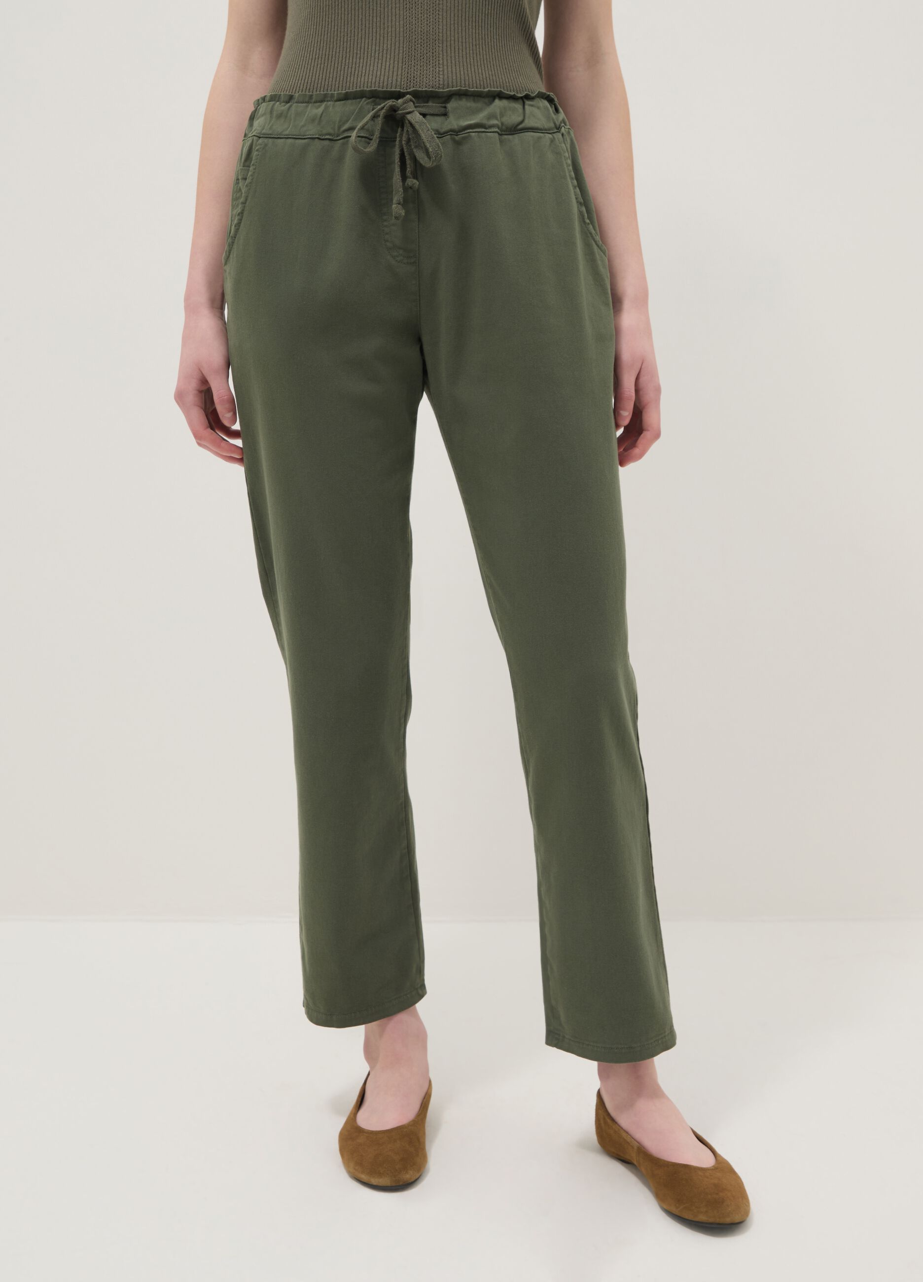 Women's Green Stretch Cotton Regular Fit Trousers