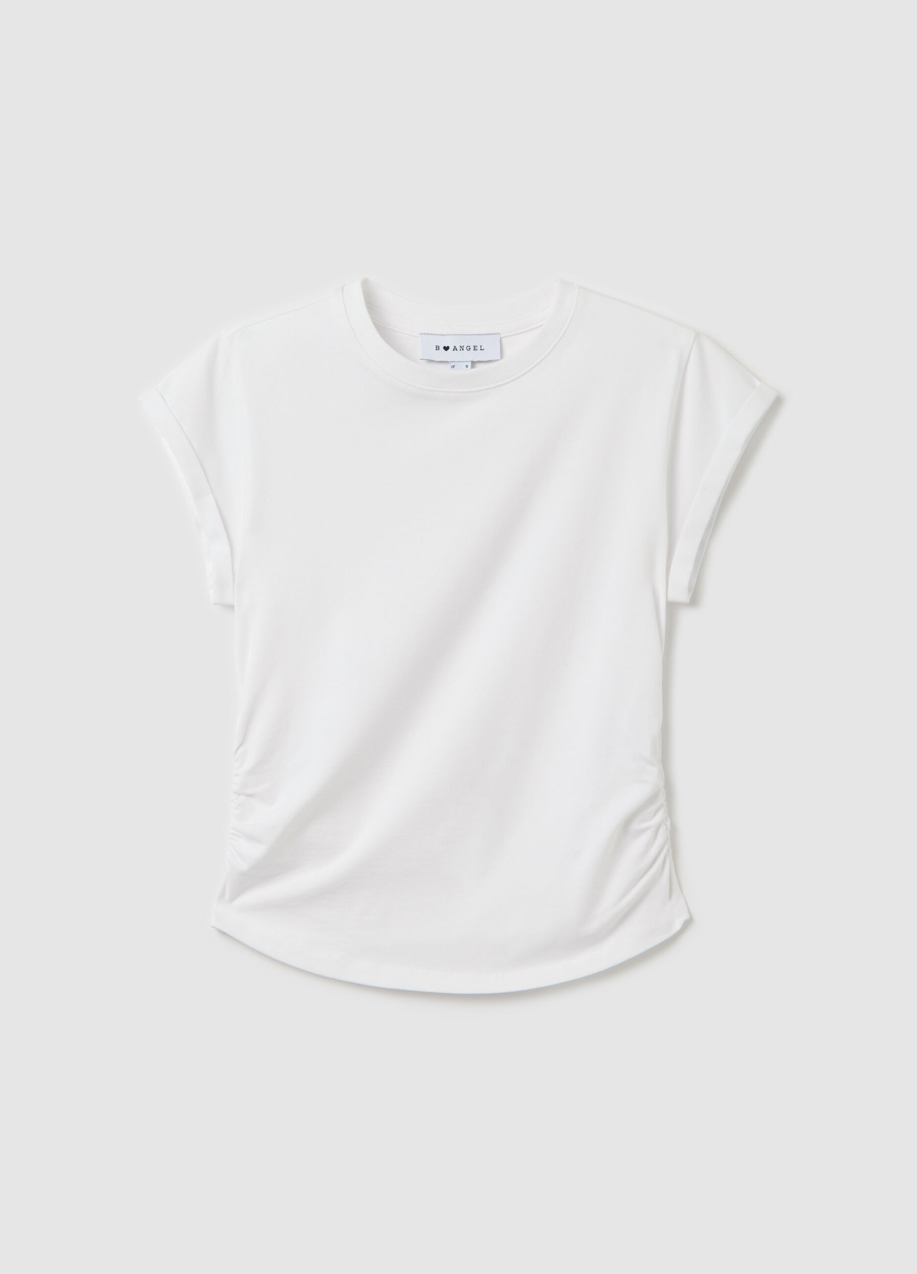 White slim-fit T-shirt with gathering on the side
