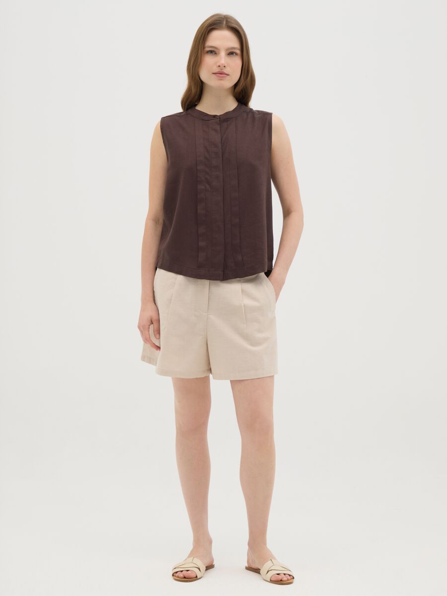 Women's Sleeveless Brown Linen Shirt Regular Fit_1