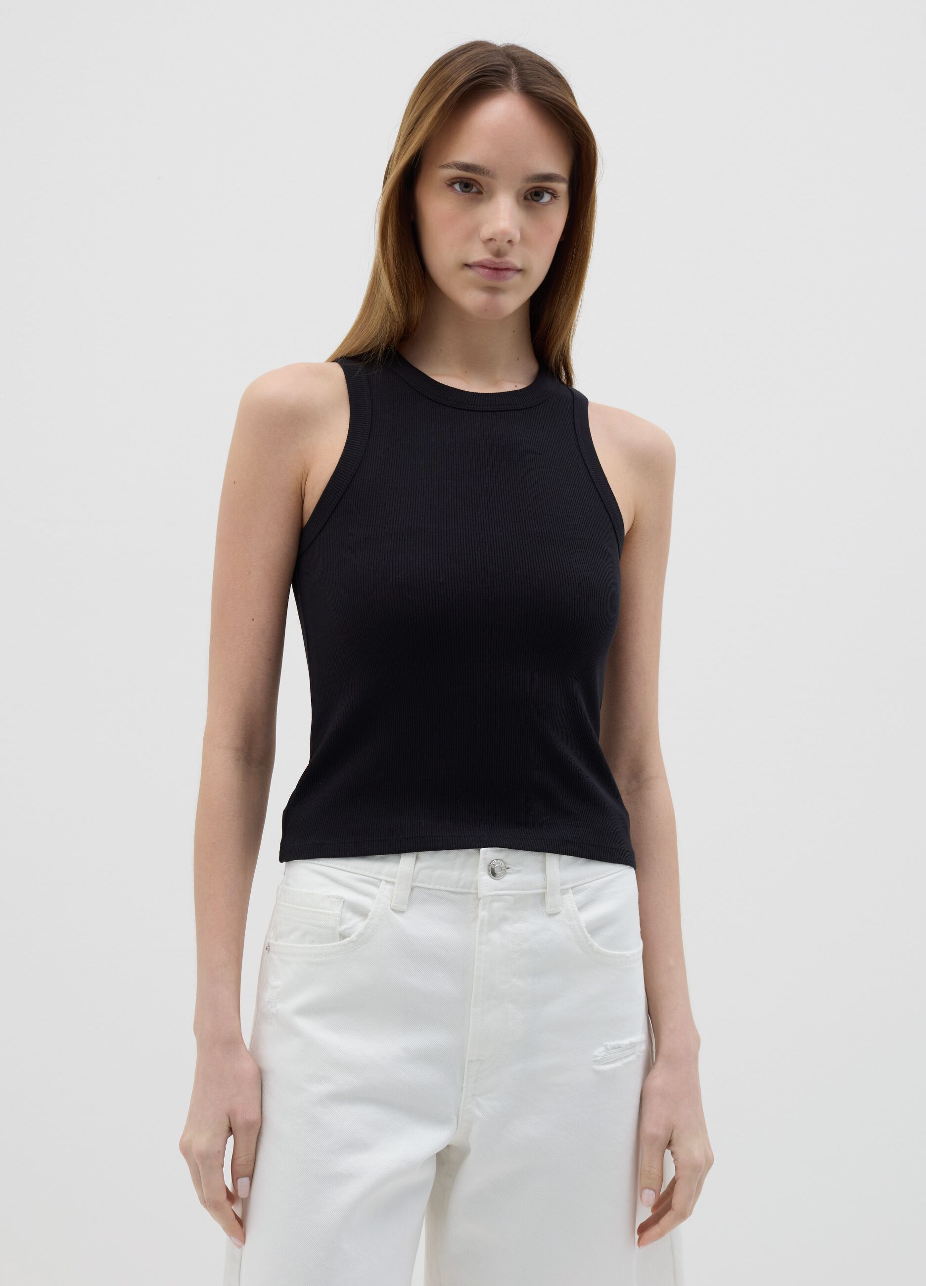 Women's black fitted top in stretch cotton