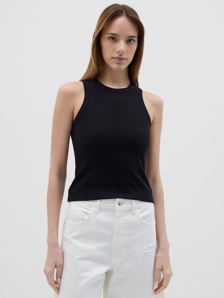 Women's black fitted top in stretch cotton_0