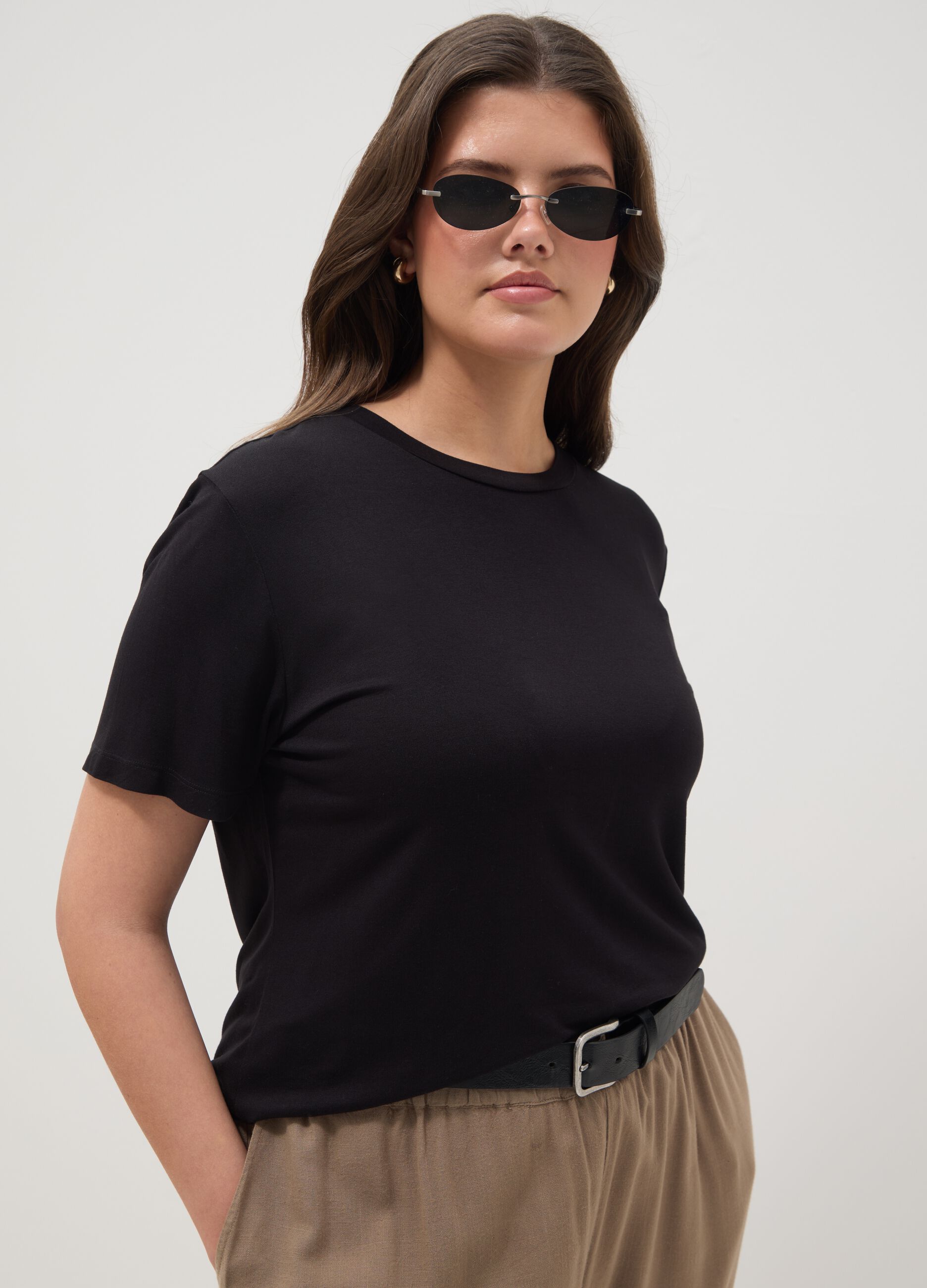 Black stretch viscose regular fit t-shirt with drawstring closure