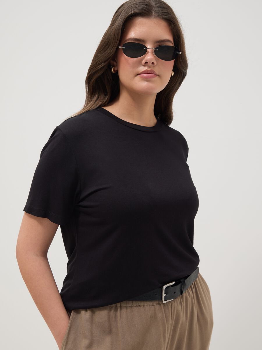 Black stretch viscose regular fit t-shirt with drawstring closure_0