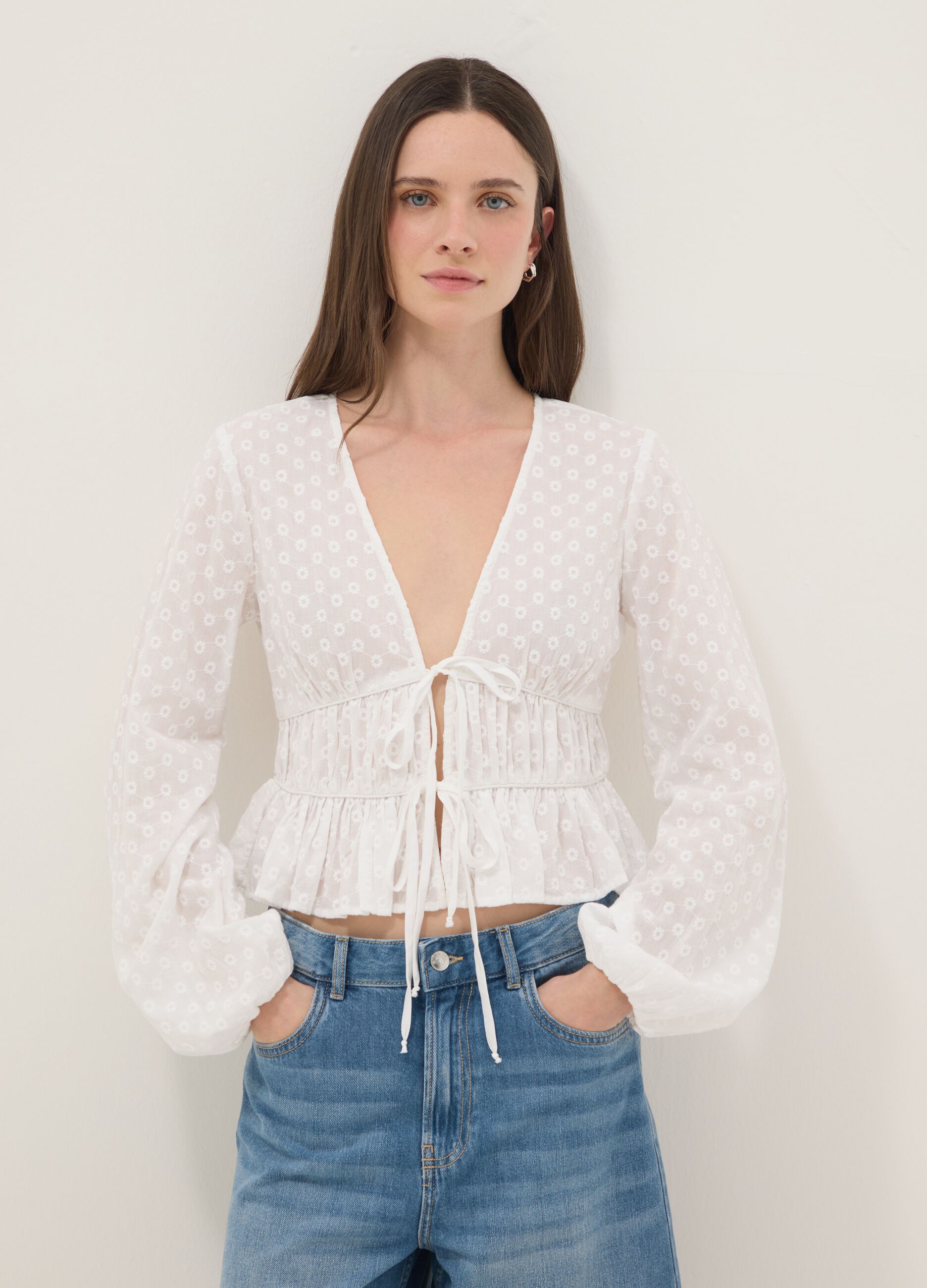 White pure cotton blouse regular fit with ties