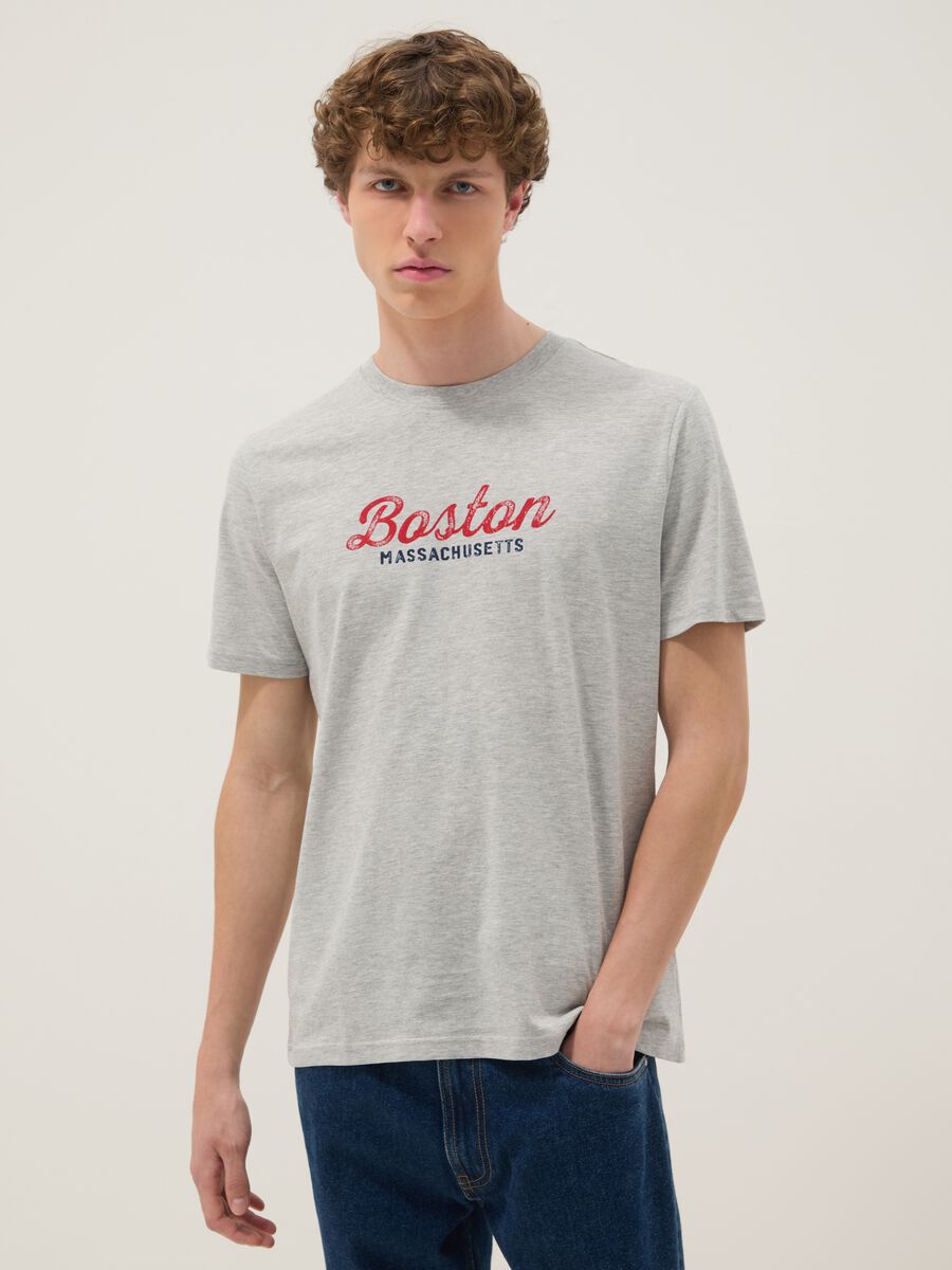 T-shirt grigia con stampa in puro cotone regular fit_0