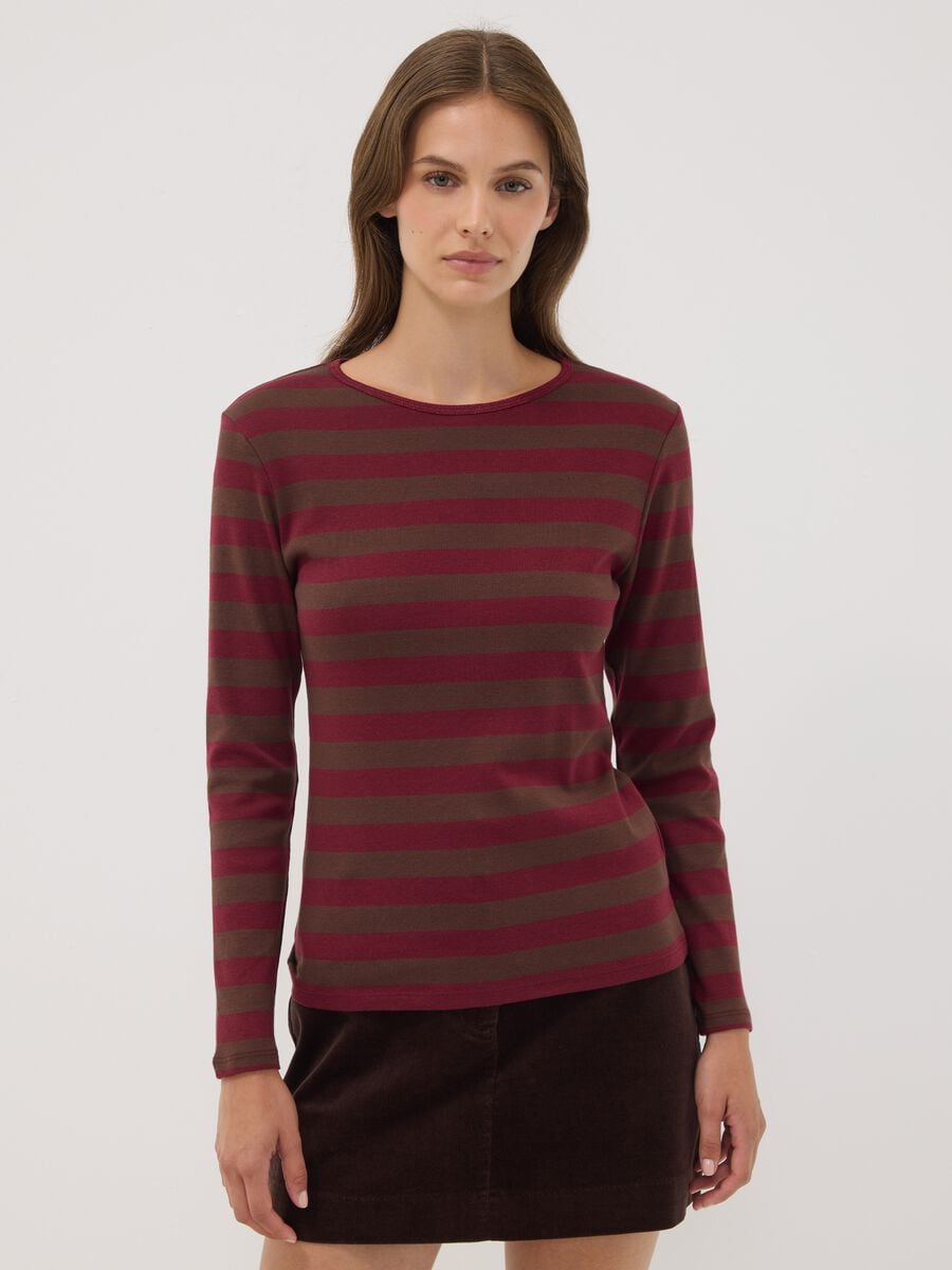 T-shirt marrone a righe in puro cotone con girocollo_0