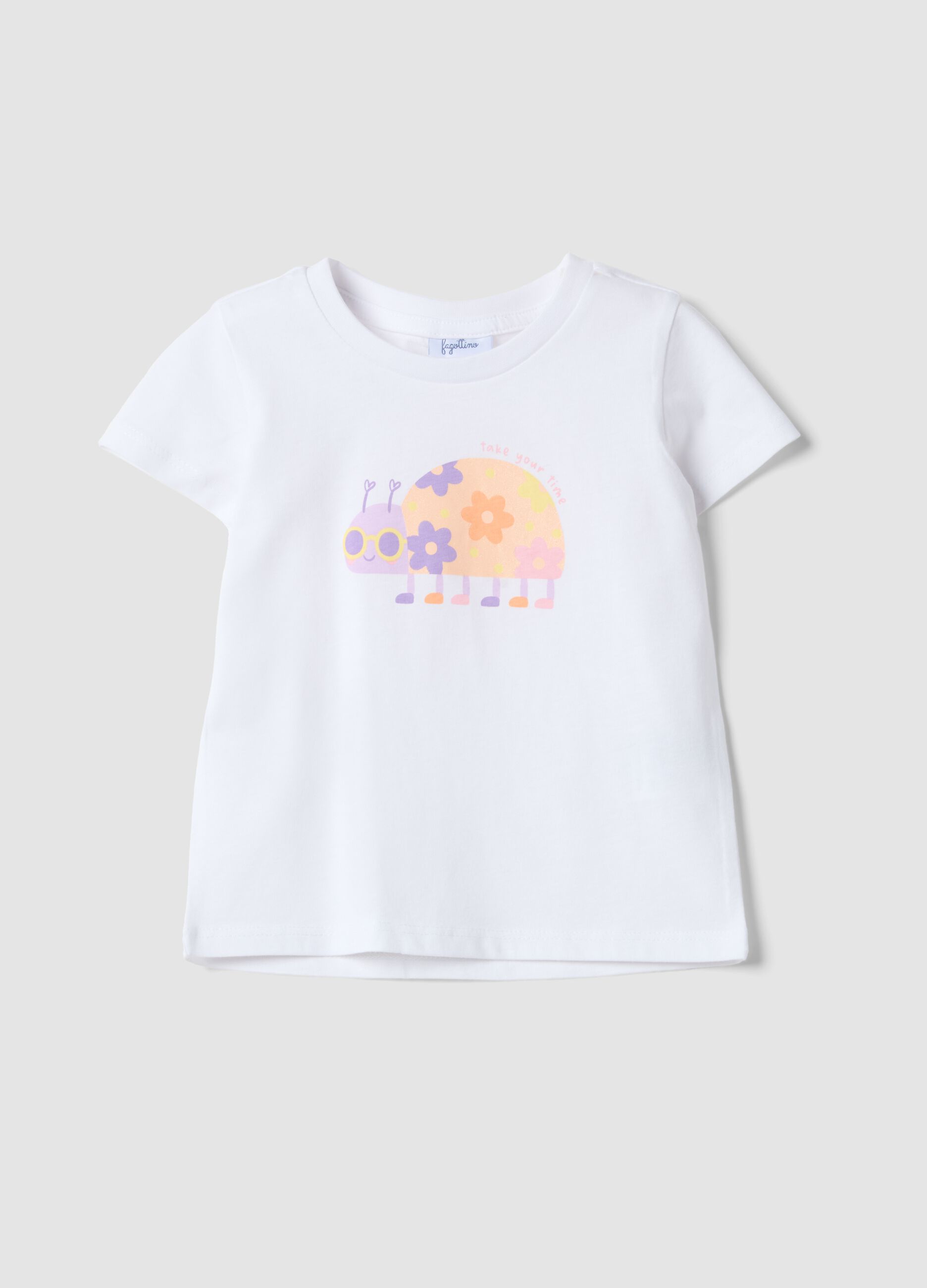 White pure cotton girl's T-shirt regular fit with print