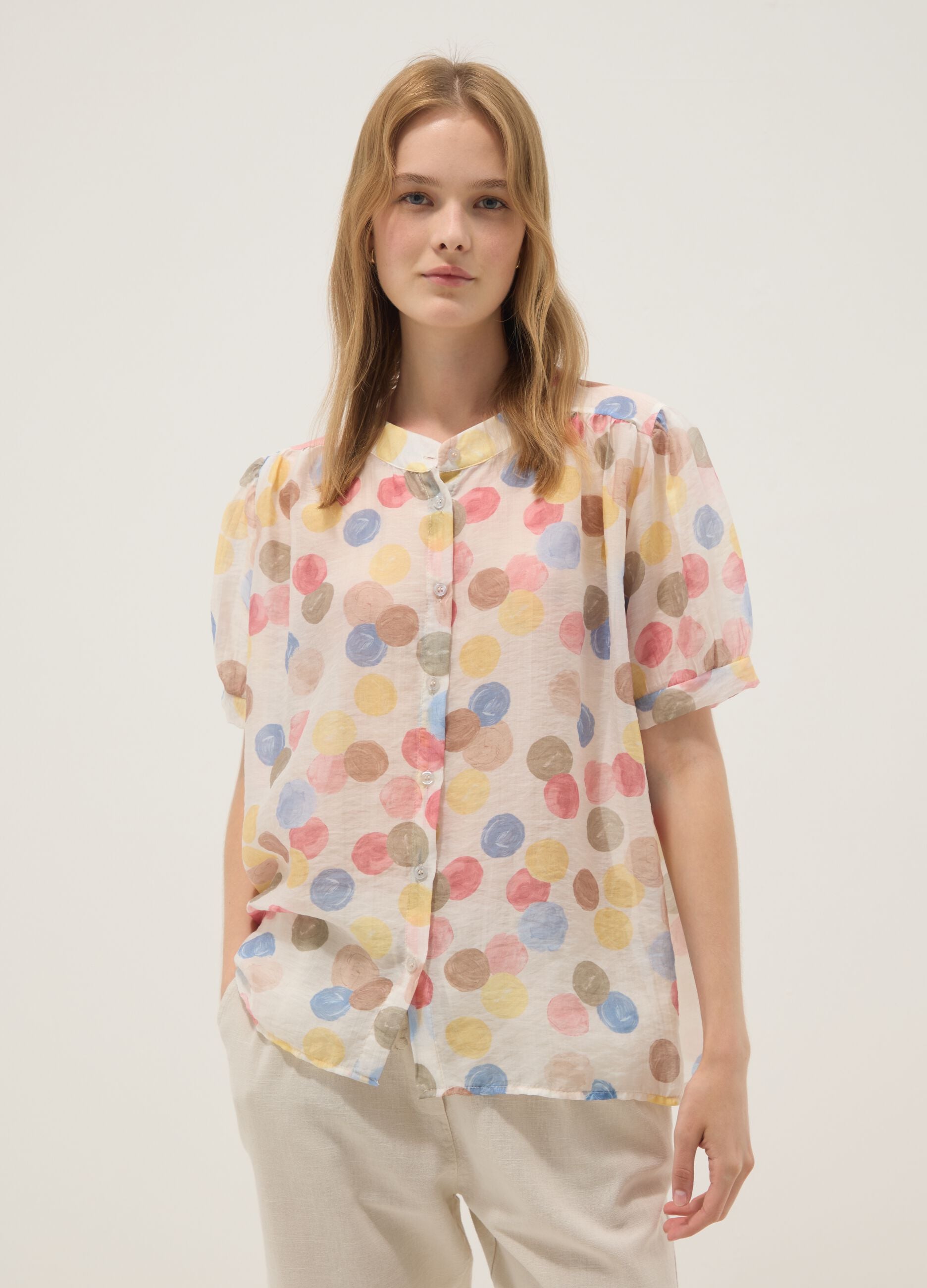 Multicolour lyocell-blend blouse with short sleeves