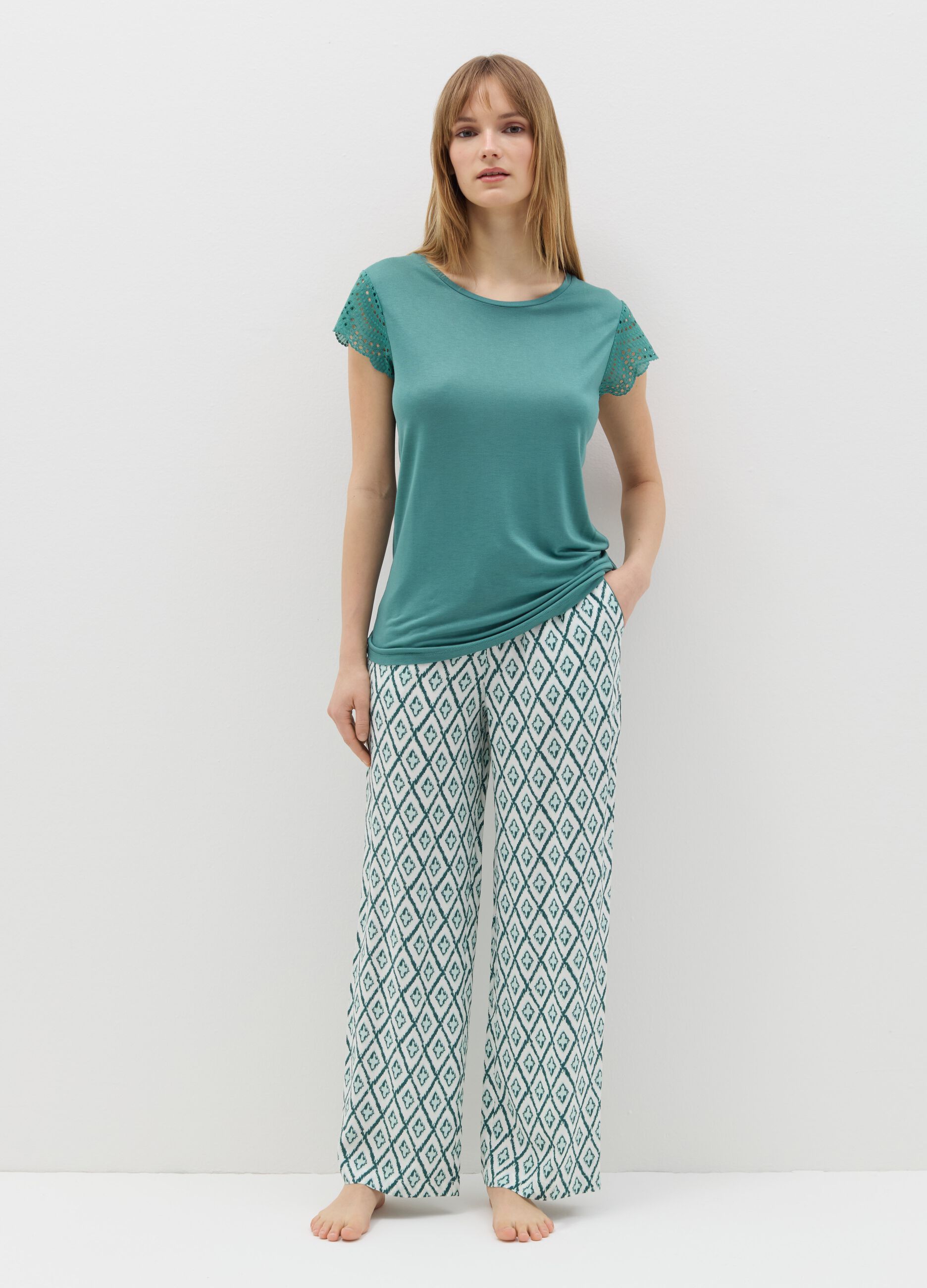 Pyjama top with broderie anglaise sleeves
