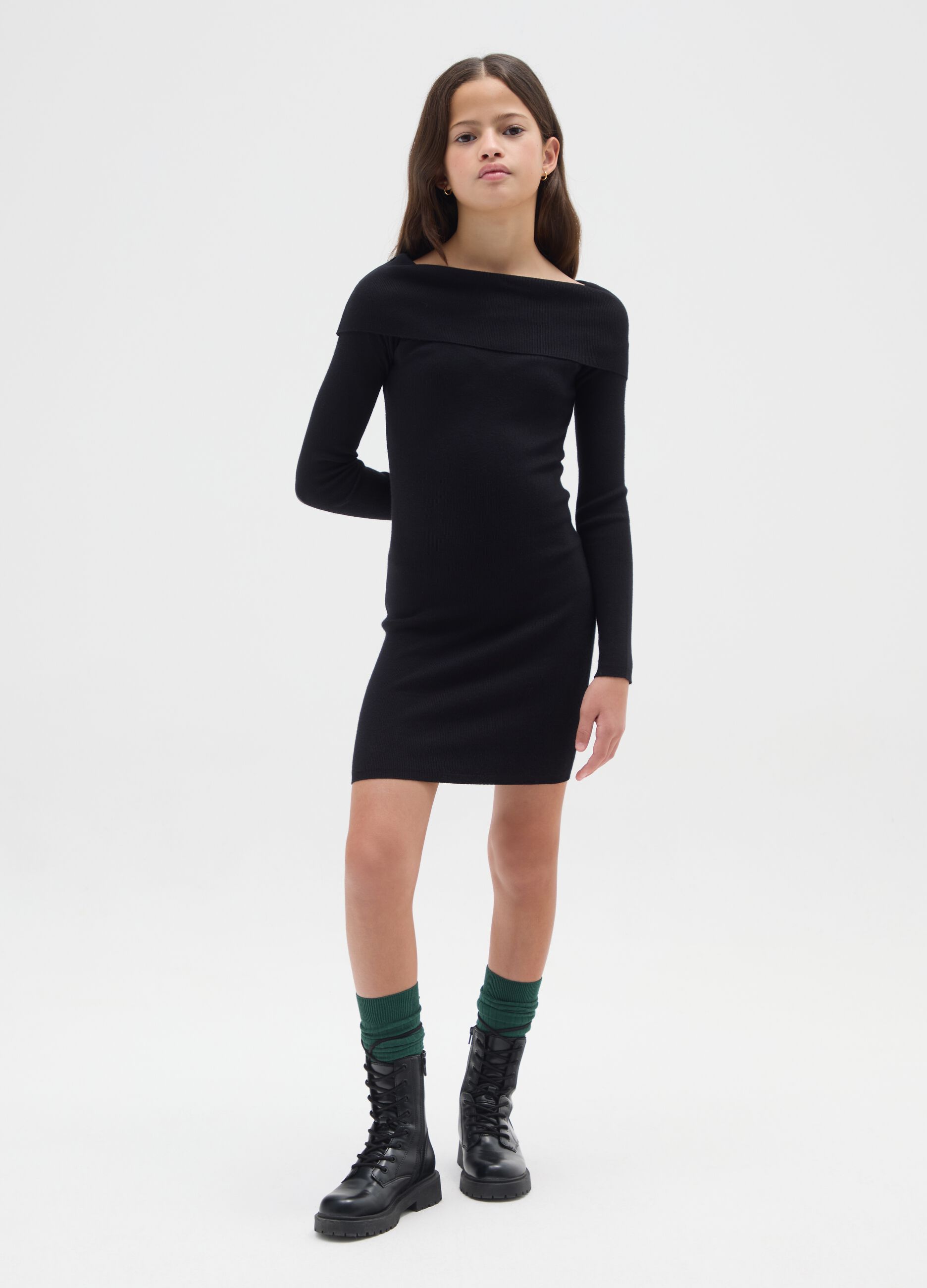 Black girl's dress with shawl collar and fitted silhouette