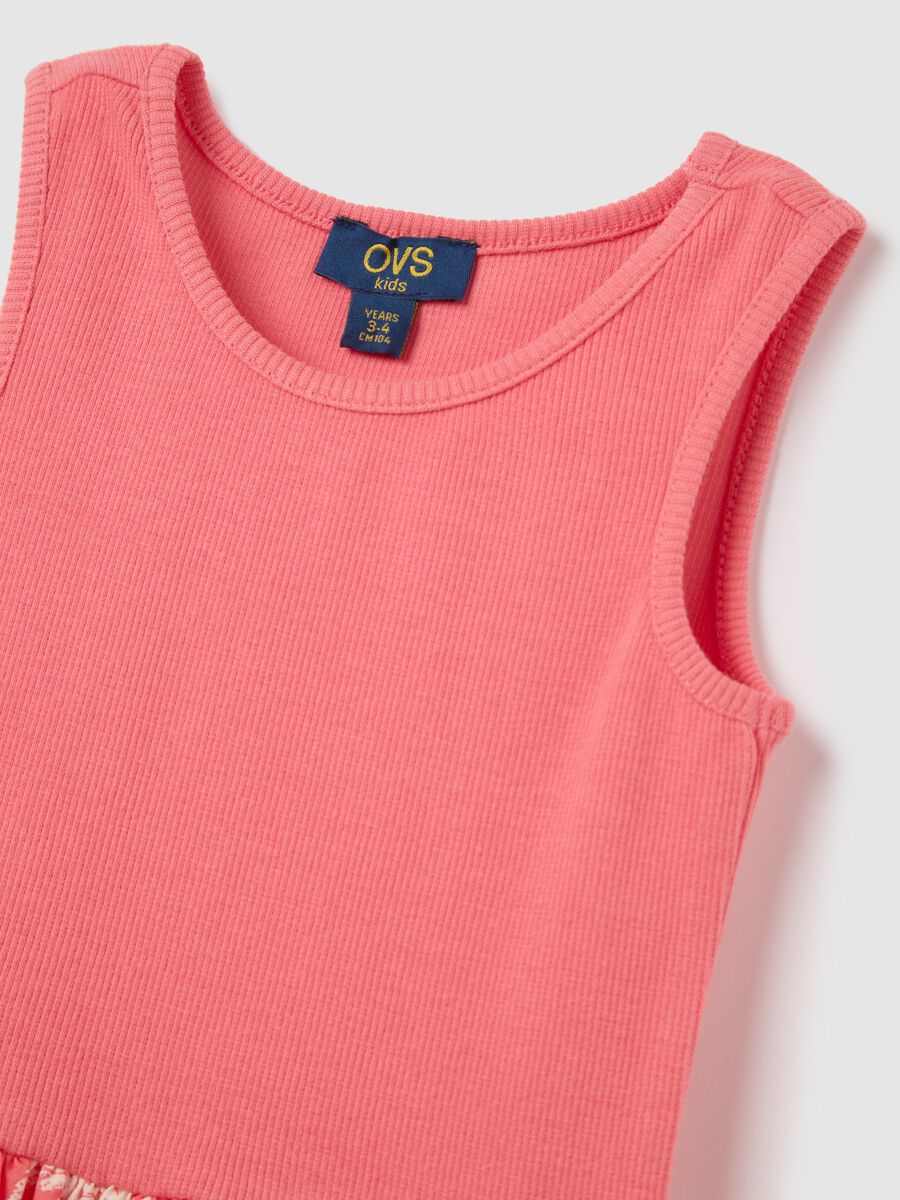 Pink sleeveless dress with palm print in stretch cotton_2