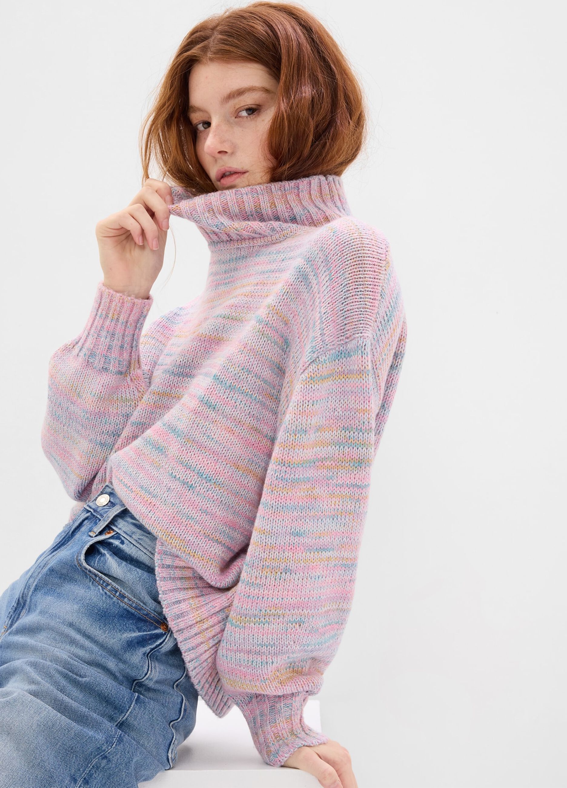 Pullover mock neck effetto mouliné