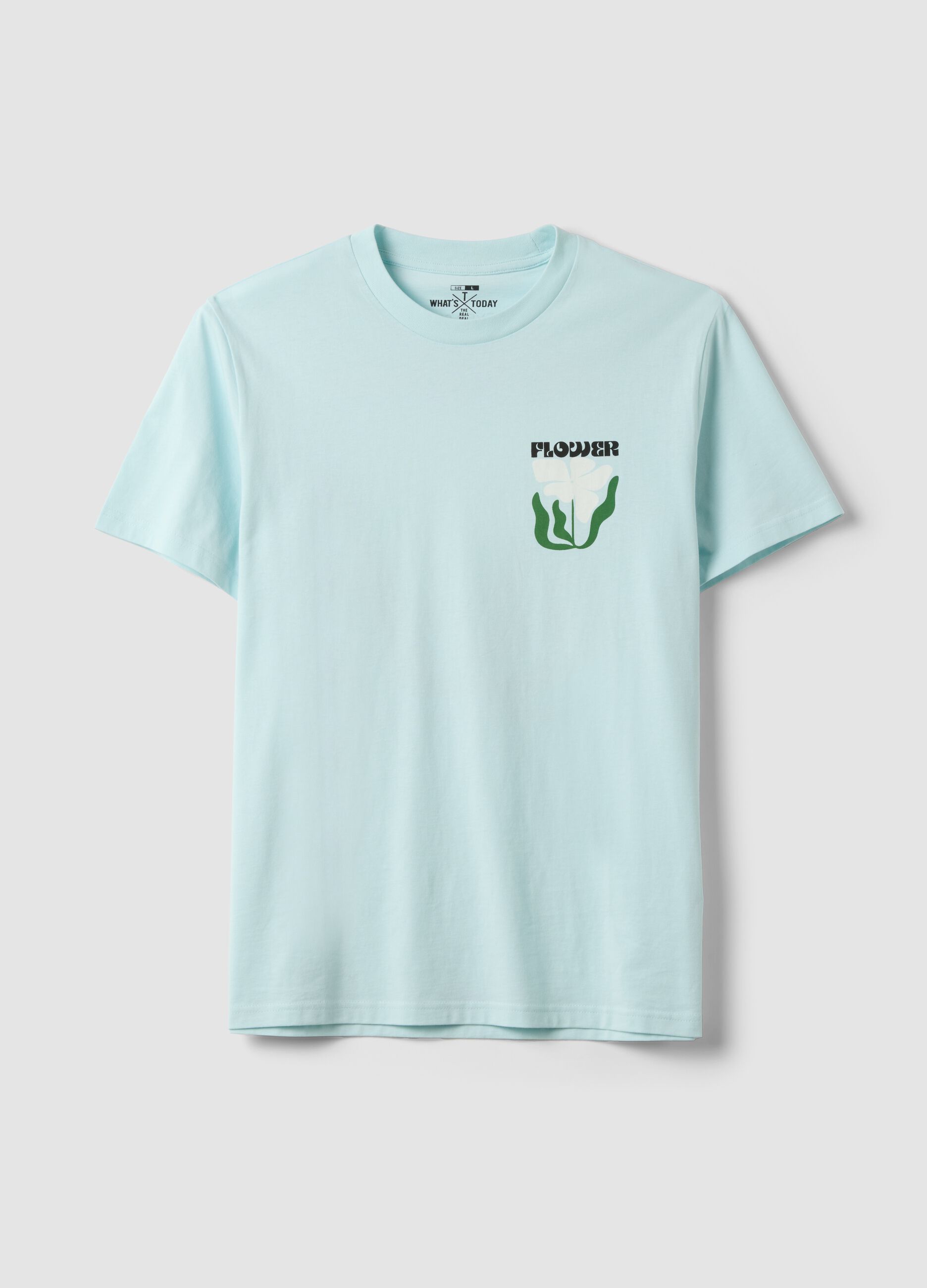Light blue pure cotton jersey T-shirt with print, regular fit